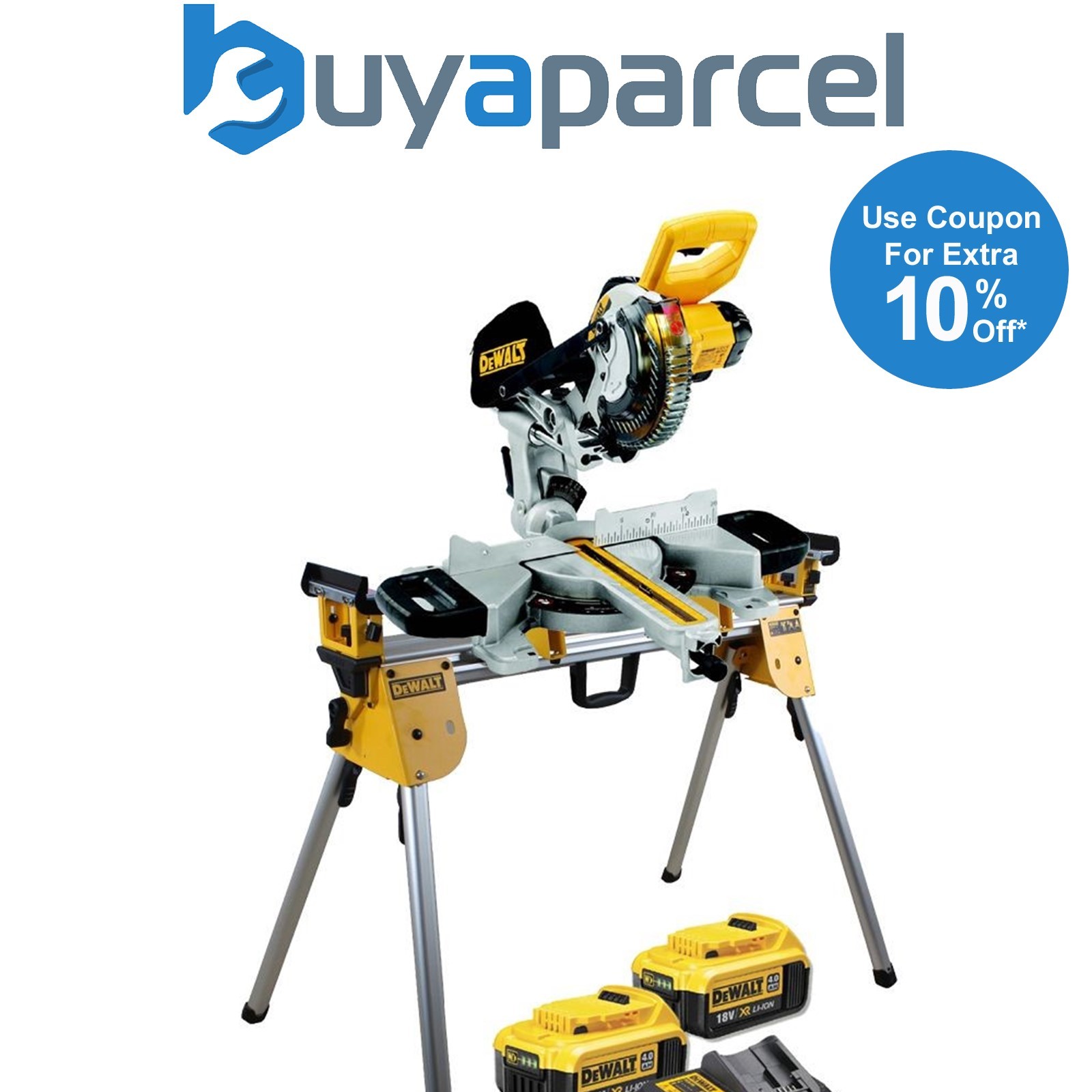 Dewalt DCS365M2 18v Cordless XPS 184mm Mitre Saw, 2 x 4.0ah + DE7033 Leg Stand