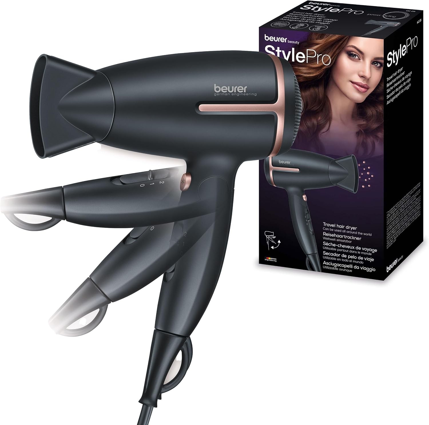 Beurer HC 25 travel hair dryer with ion function, small, foldable and lightweig