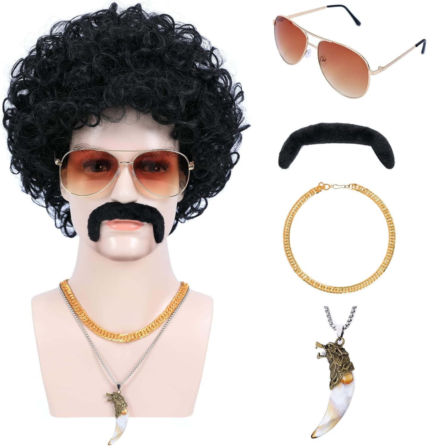 6pcs Set 70s 80s Disco wig with Mustache Glasses Artificial Wolf Necklace Gold