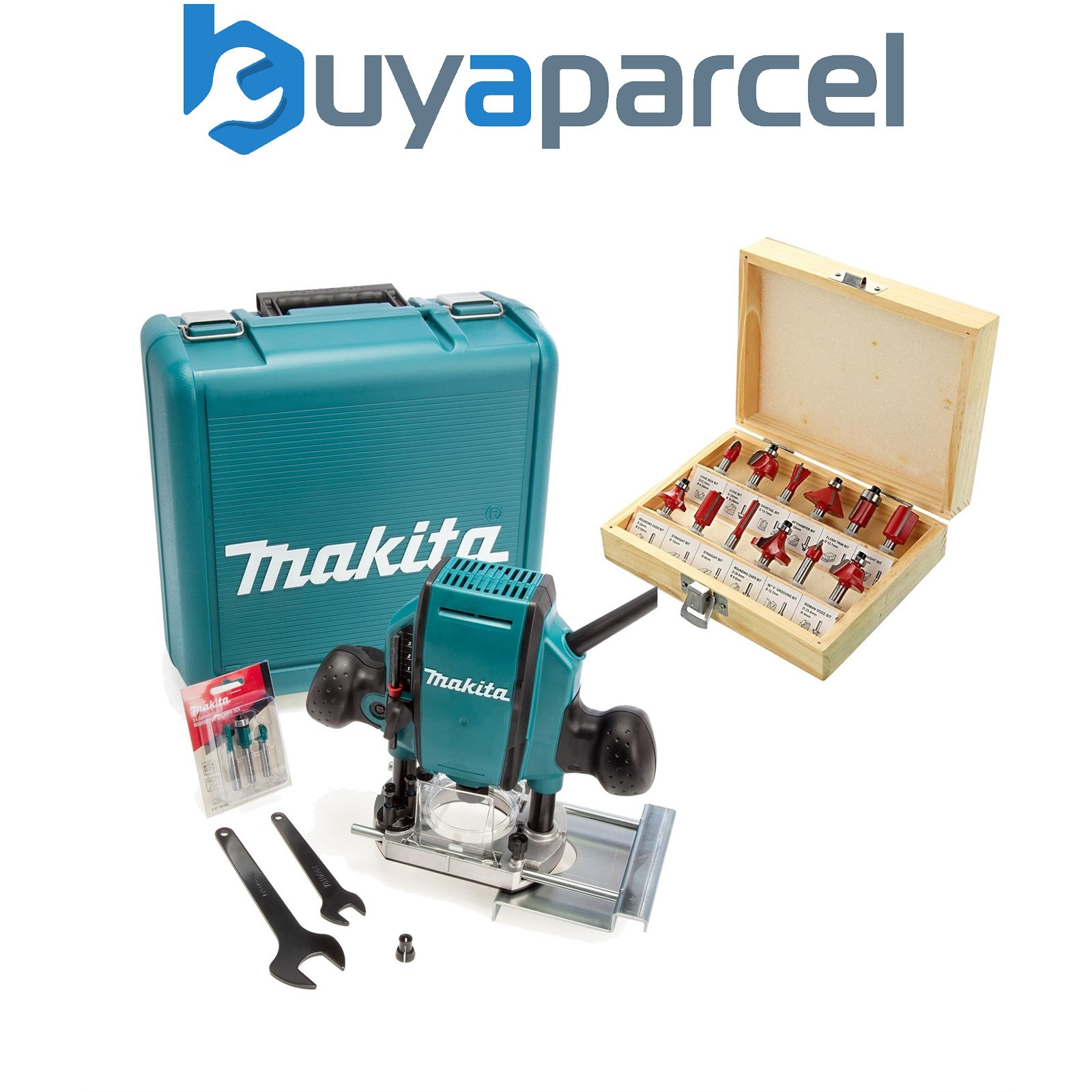 Makita RP0900X 240V 1/4" and 3/8" Plunge Corded Router + 15 Piece Set + Case