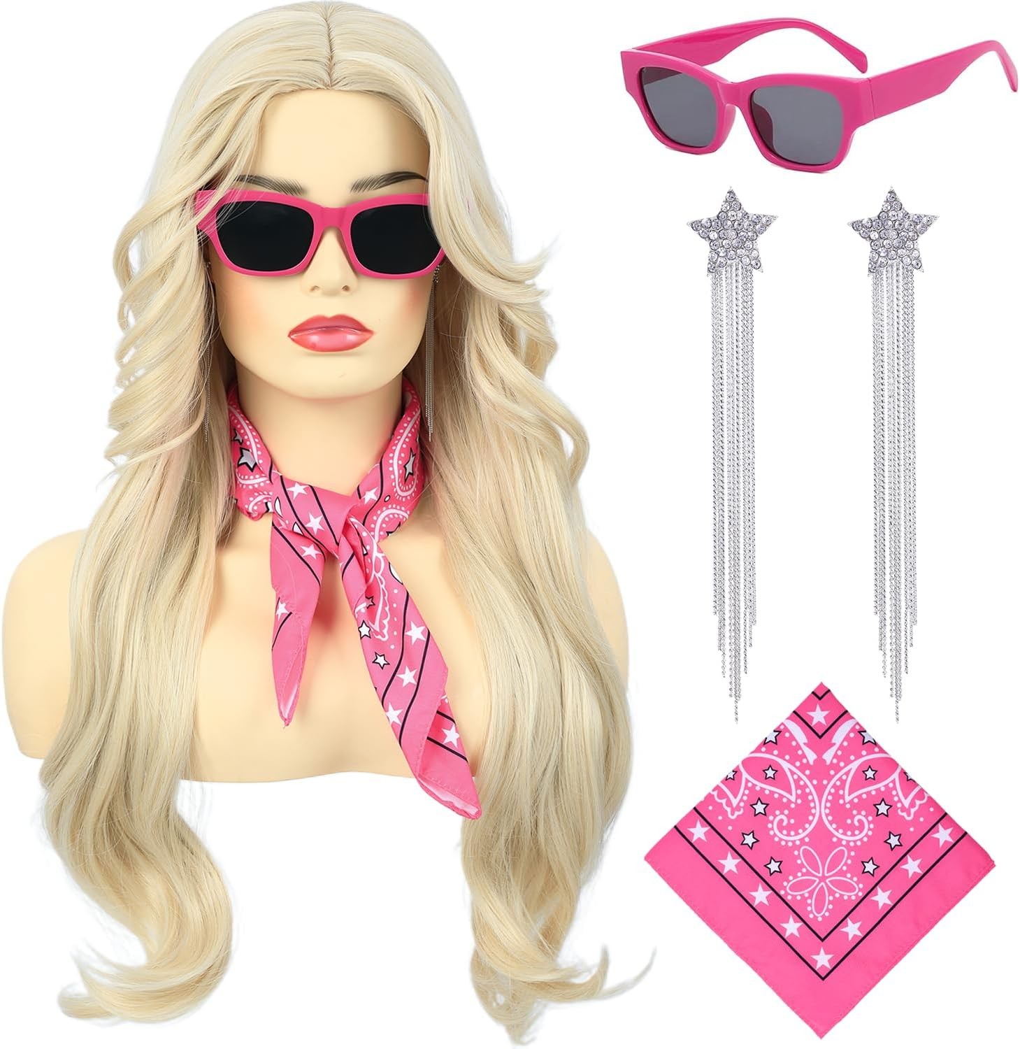 Long Blonde Cosplay Wig for Women with Bandana Sunglasses and Earrings Middle P