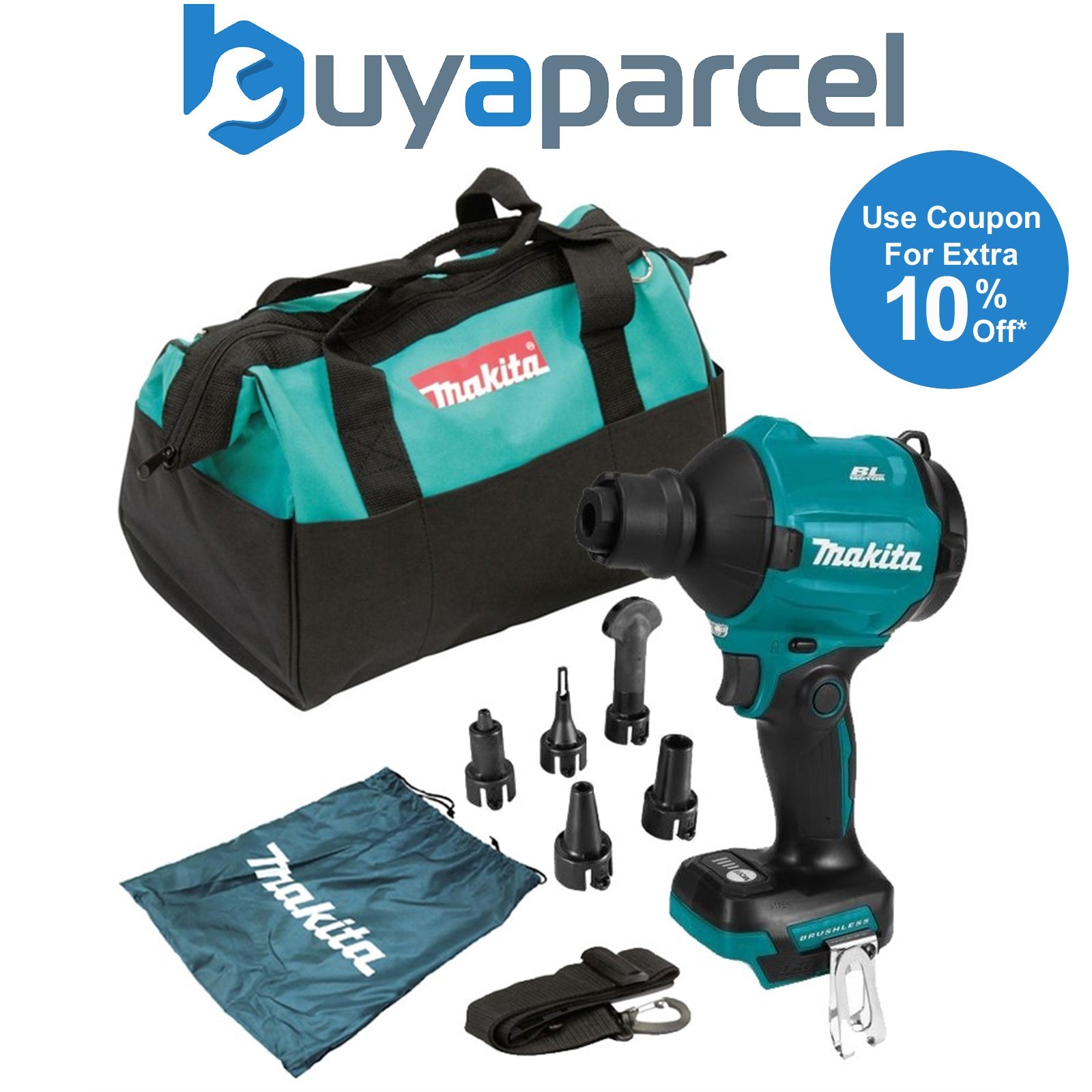 Makita DAS180Z 18v Brushless Dust Blower Inflator Deflator + 5 Nozzles + 10" Bag