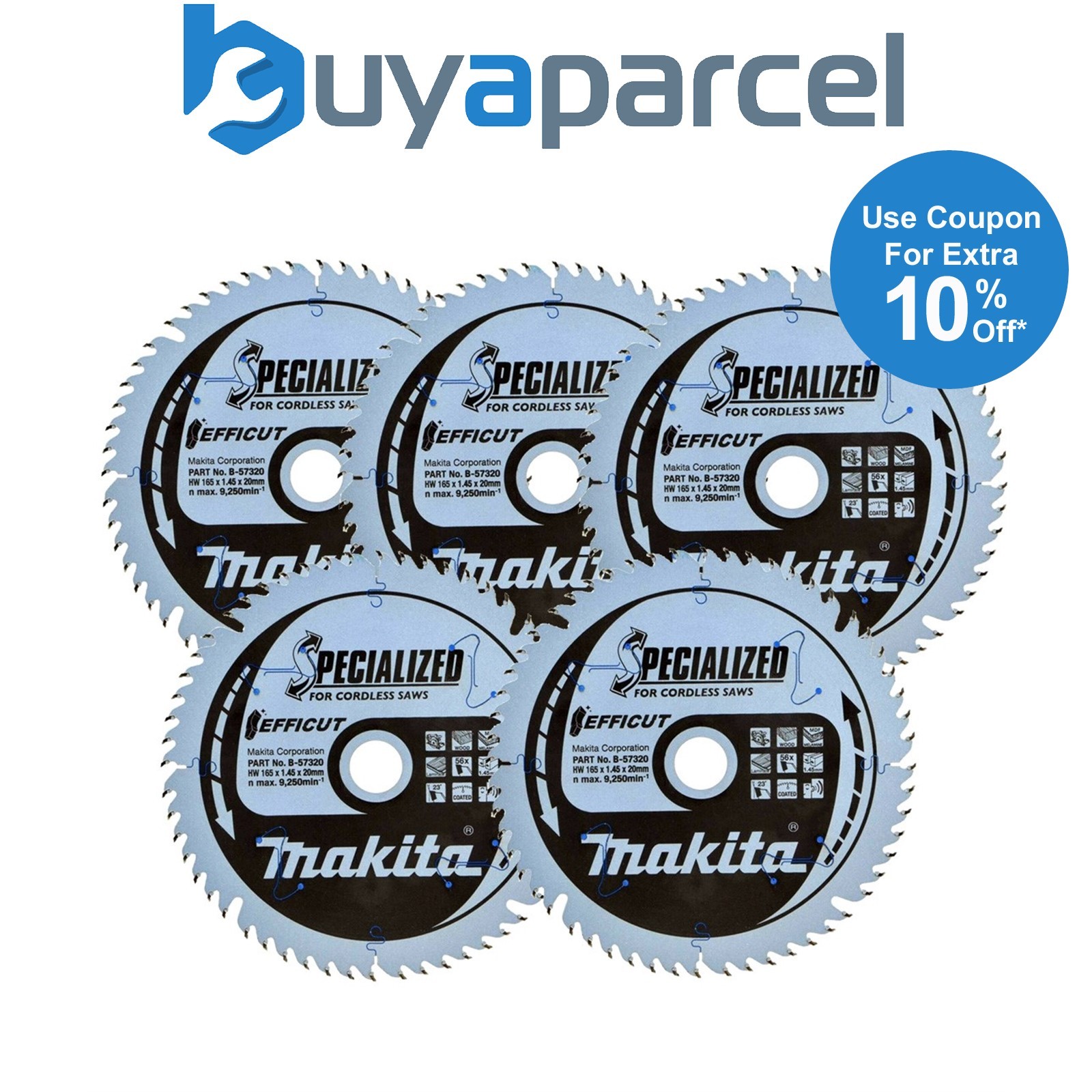 5x Makita B-57320 165mm x 20mm 56 Teeth Efficut Cordless Plunge Saw Blade DSP600