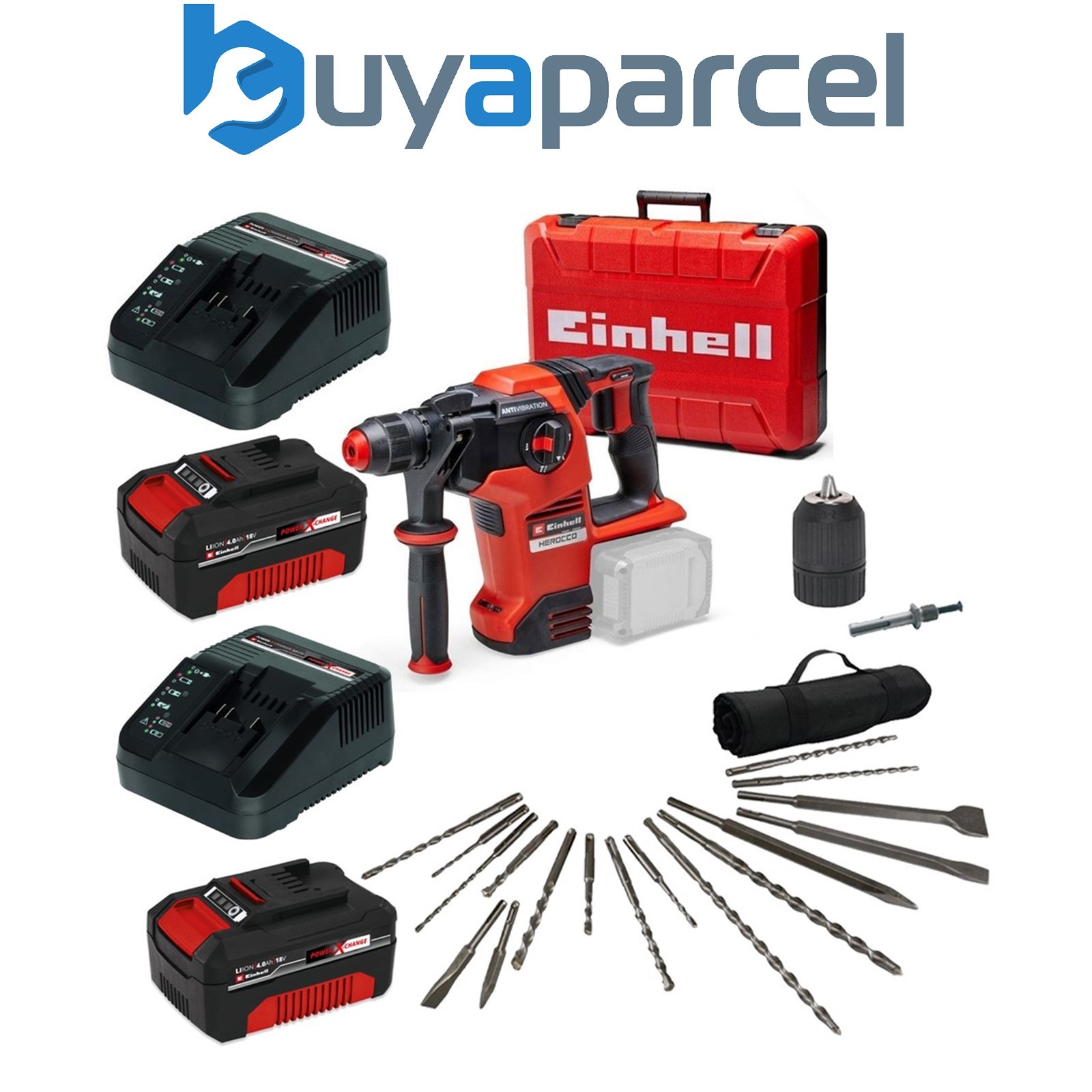 Einhell 18v 36V X-Change Cordless SDS Hammer Drill Kit + 17PC Chisel Set Chuck