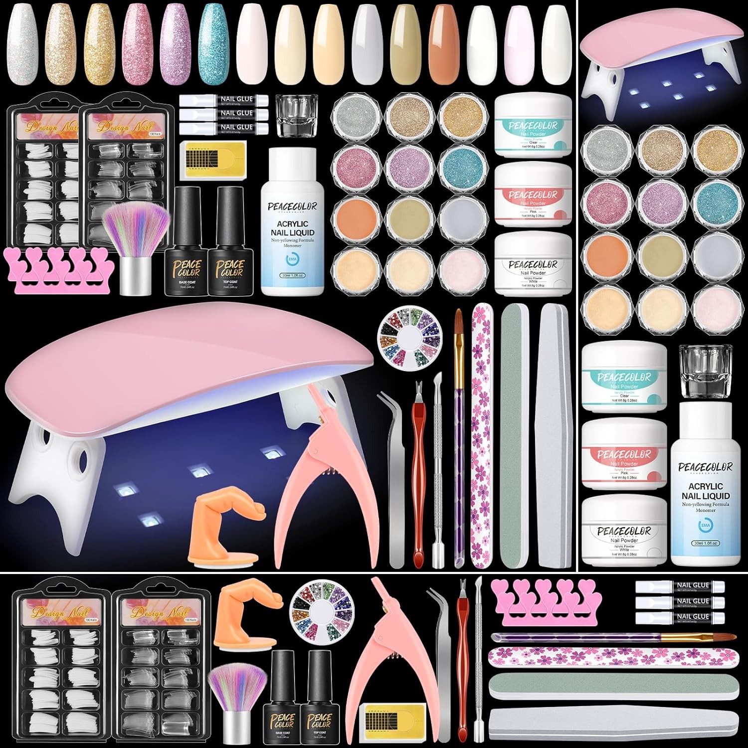 PEACECOLOR Acrylic Nail Kit With 15 Colors Powder, Lamp, Base Top Coat - Full S
