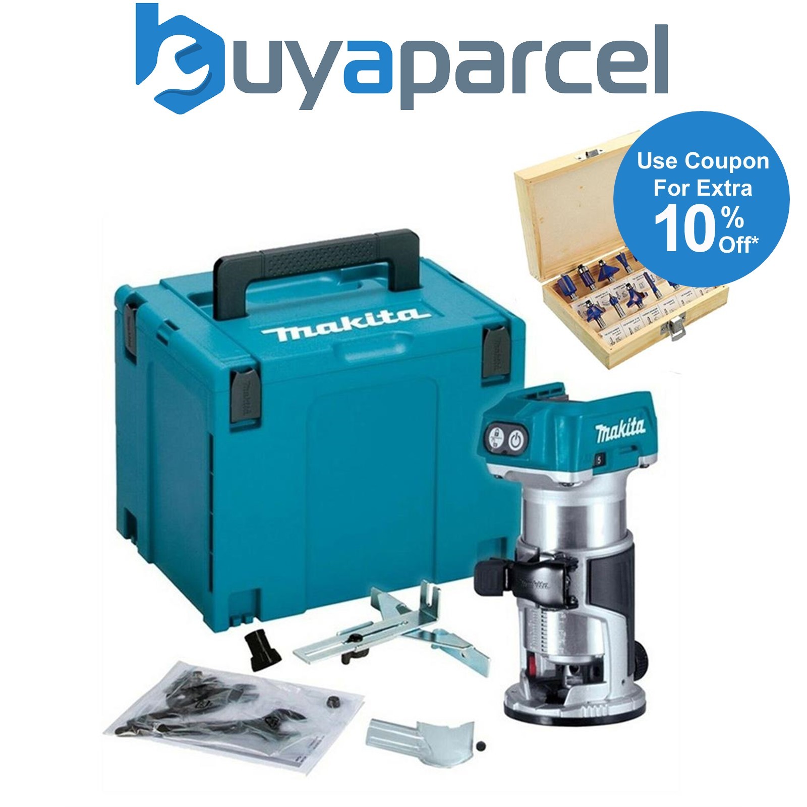 Makita DRT50Z 18V LXT Cordless Brushless Laminate Router Trimmer Makpac +Bit Set