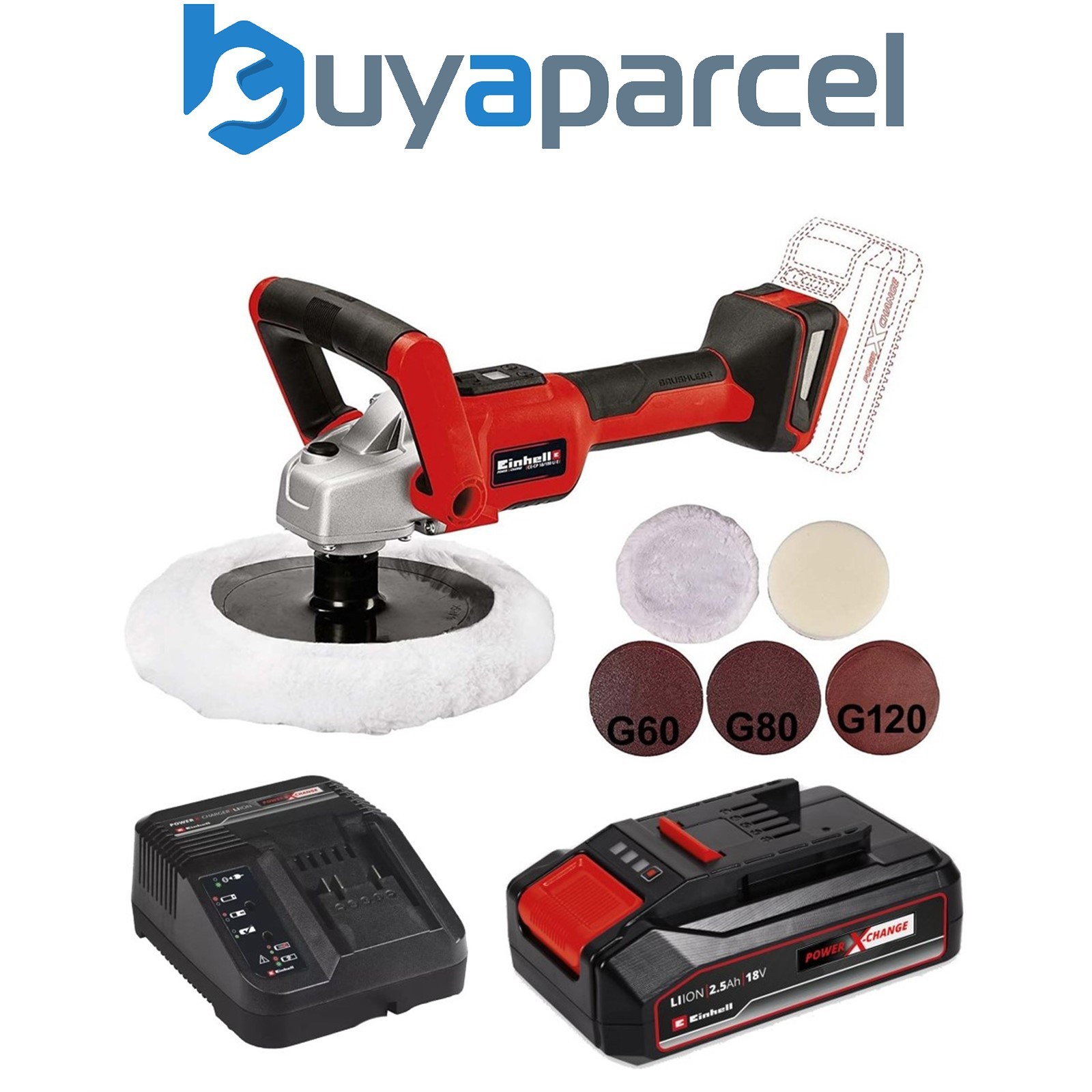 Einhell Cordless 180mm Brushless Polisher Power X Change 18v + 2.5AH Battery Kit