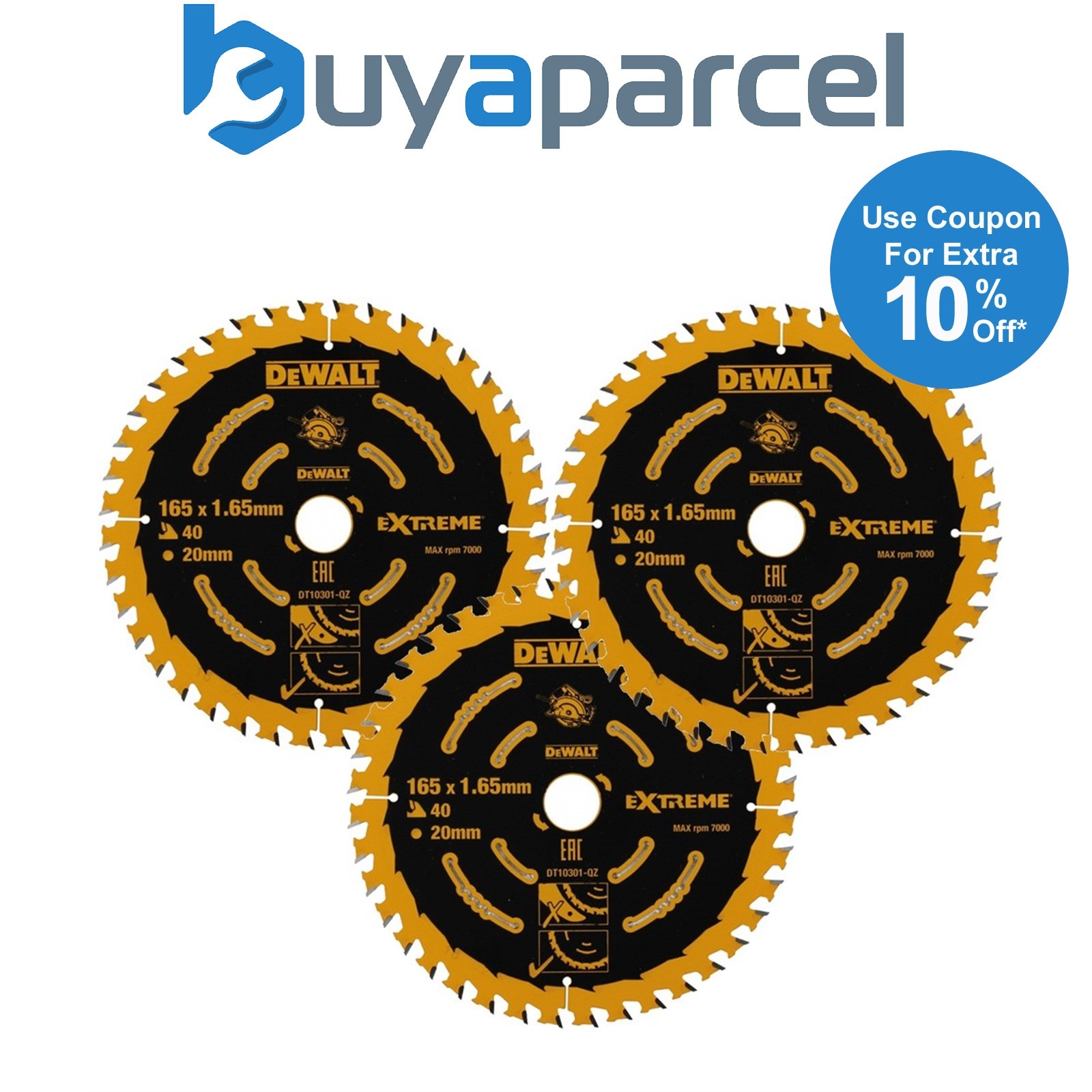3x Dewalt DT10301 Circular Saw Blade 165 x 20mm x40 Tooth Extreme Framing DWE550