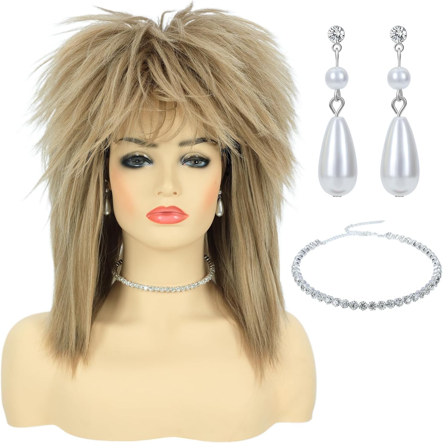 Bettecos 80s Tina Rock Diva Costume Wig with Necklace and Earring for Women Big