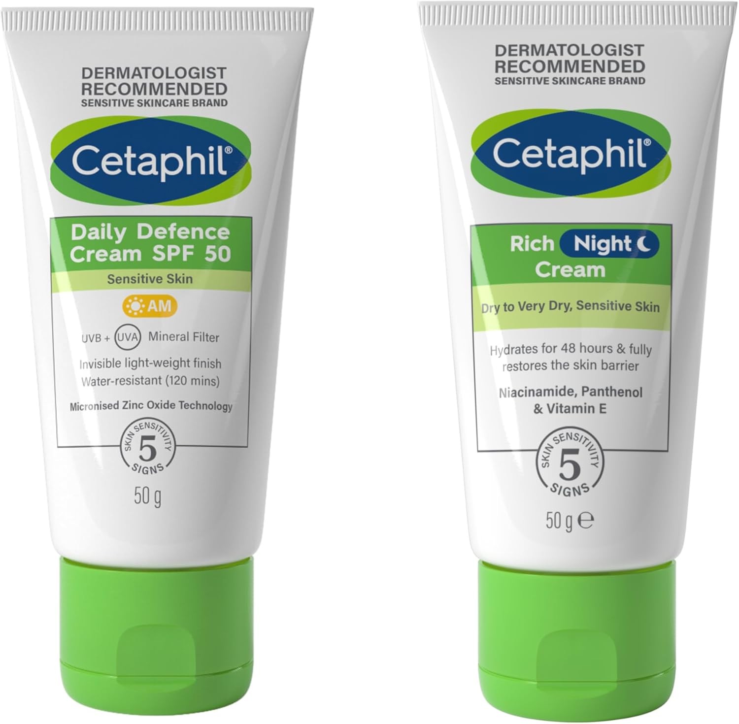 Cetaphil SPF 50 Day Cream 50g + Night Face Moisturiser 50g Skincare Set, Daily