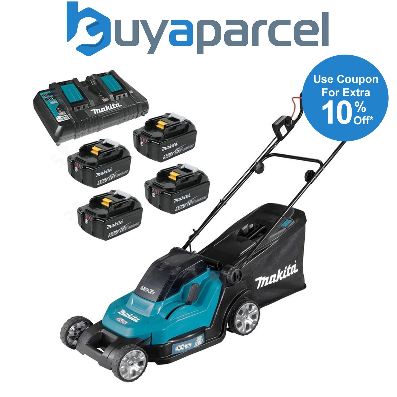 Makita DLM432 Twin 18v / 36v LXT Cordless 43cm Lawn Mower Soft Start 4 x 5AH