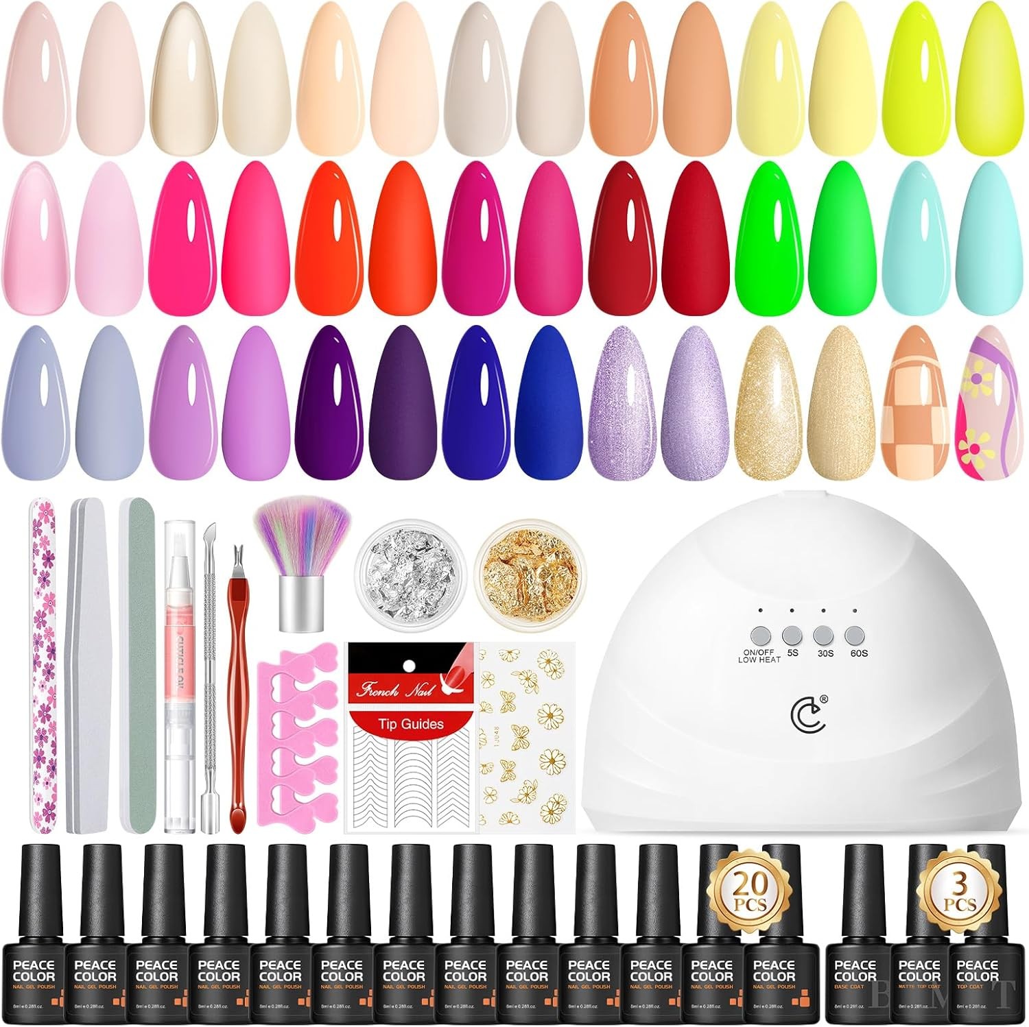PEACECOLOR 36Pcs Gel Nail Polish Set - 20 Colours Gel Nail Kit with Lamp Spring
