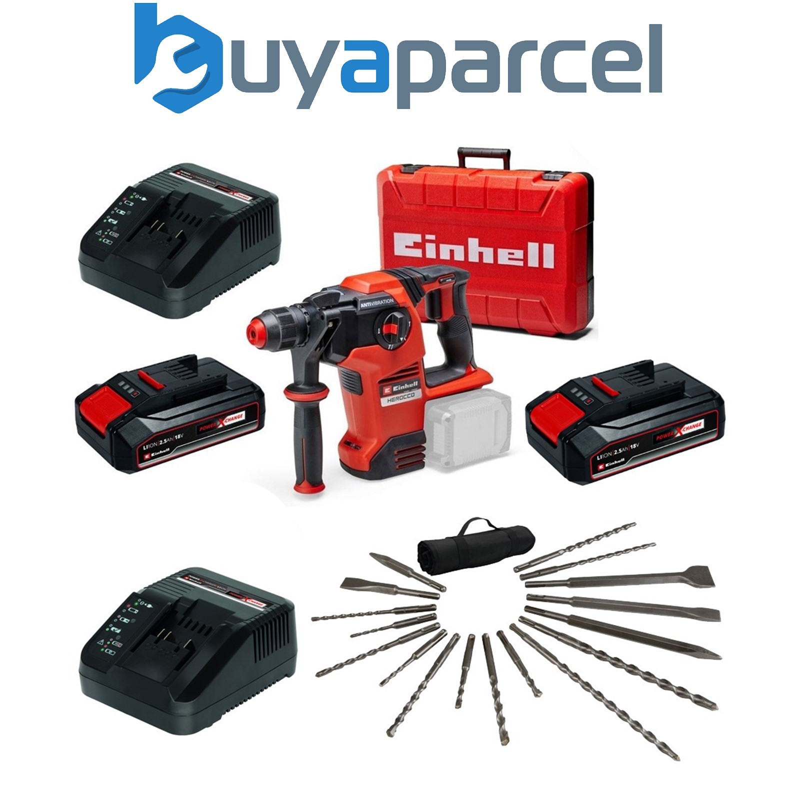 Einhell 18v 36V Power X-Change Cordless SDS Hammer Drill +X2 Battery +17PC Set