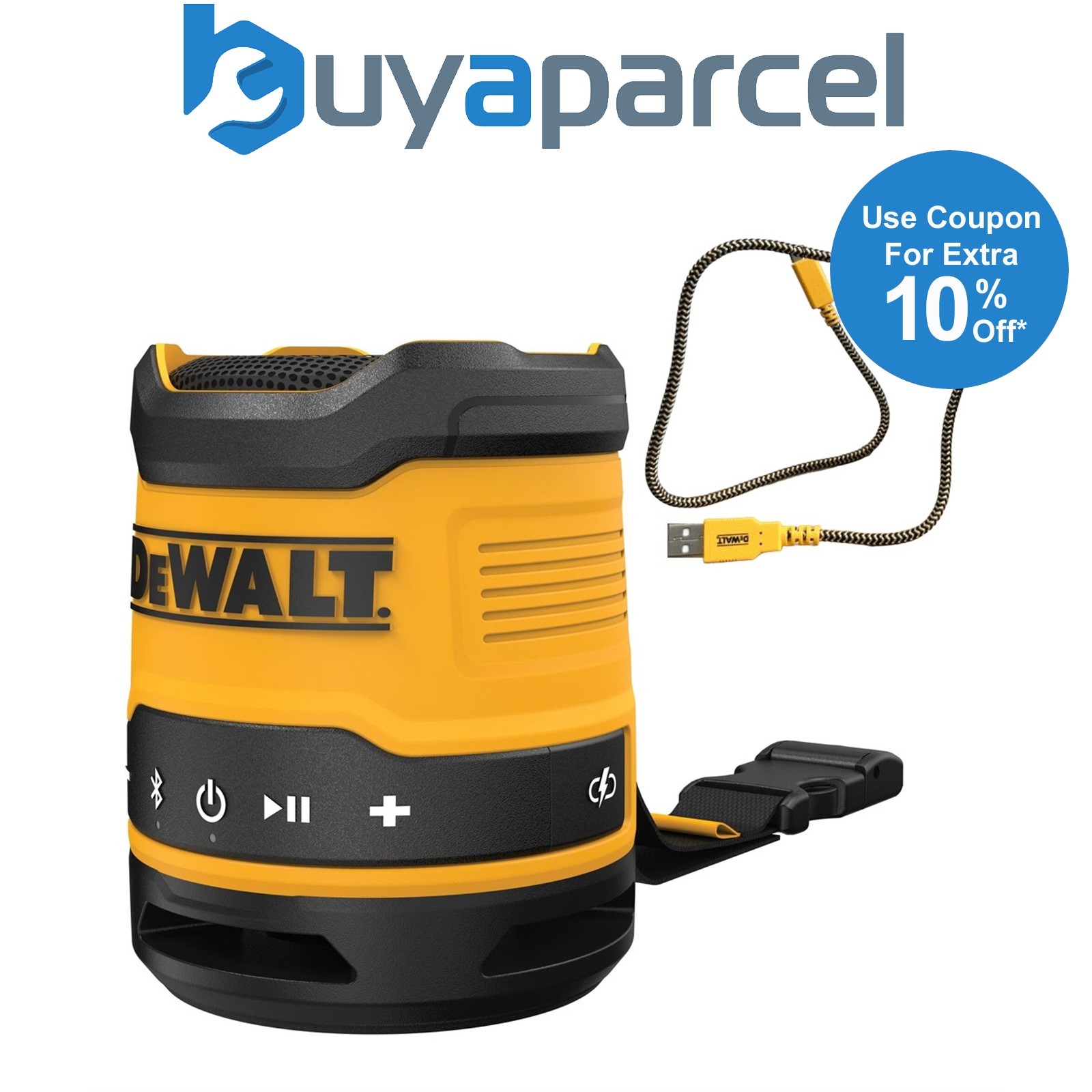 Dewalt DCR009 Rechargeable Compact Bluetooth Speaker Range + USB-A USB-C Cable