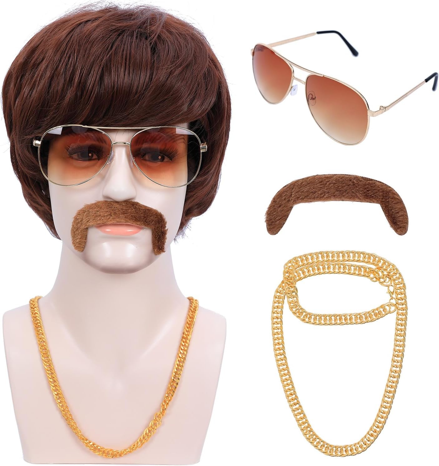 70s 80s Costume Wigs for Men with Mustache Glasses and Chain Short Brown Shaggy