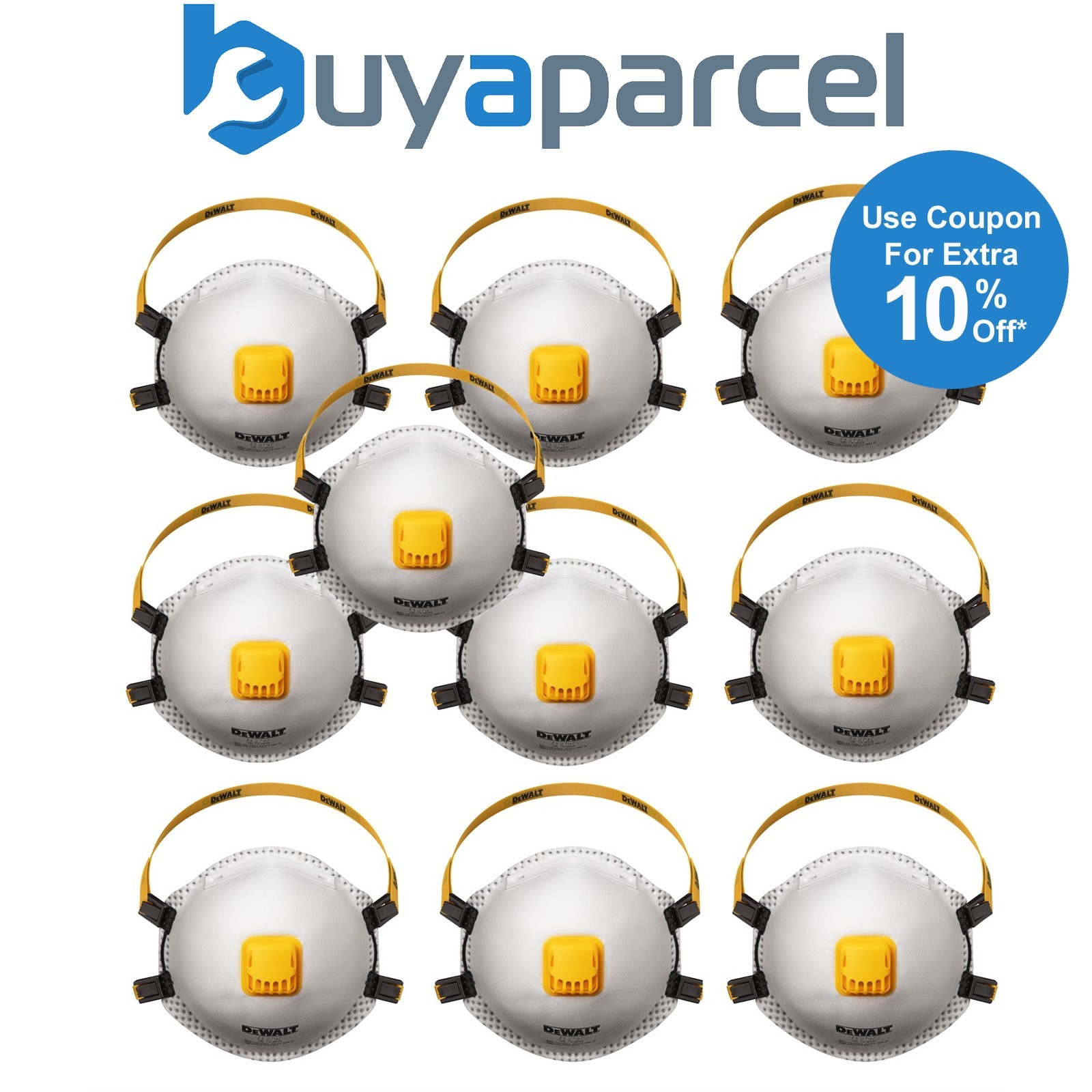 Dewalt 10 Pack FFP3 Disposable Particulate Respirator Dust Face Masks Adjustable