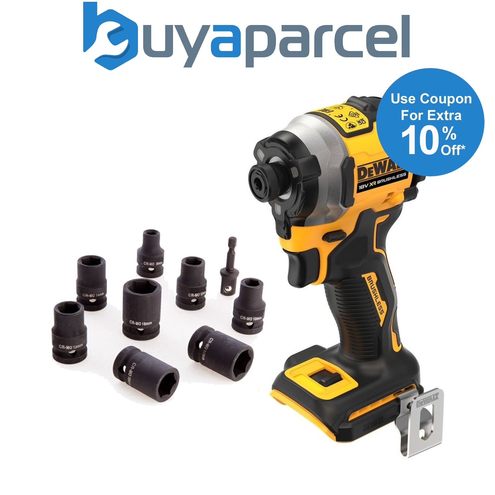 Dewalt DCF850N 18v XR Brushless Compact Impact Driver Bare + 9pc Socket Wrench