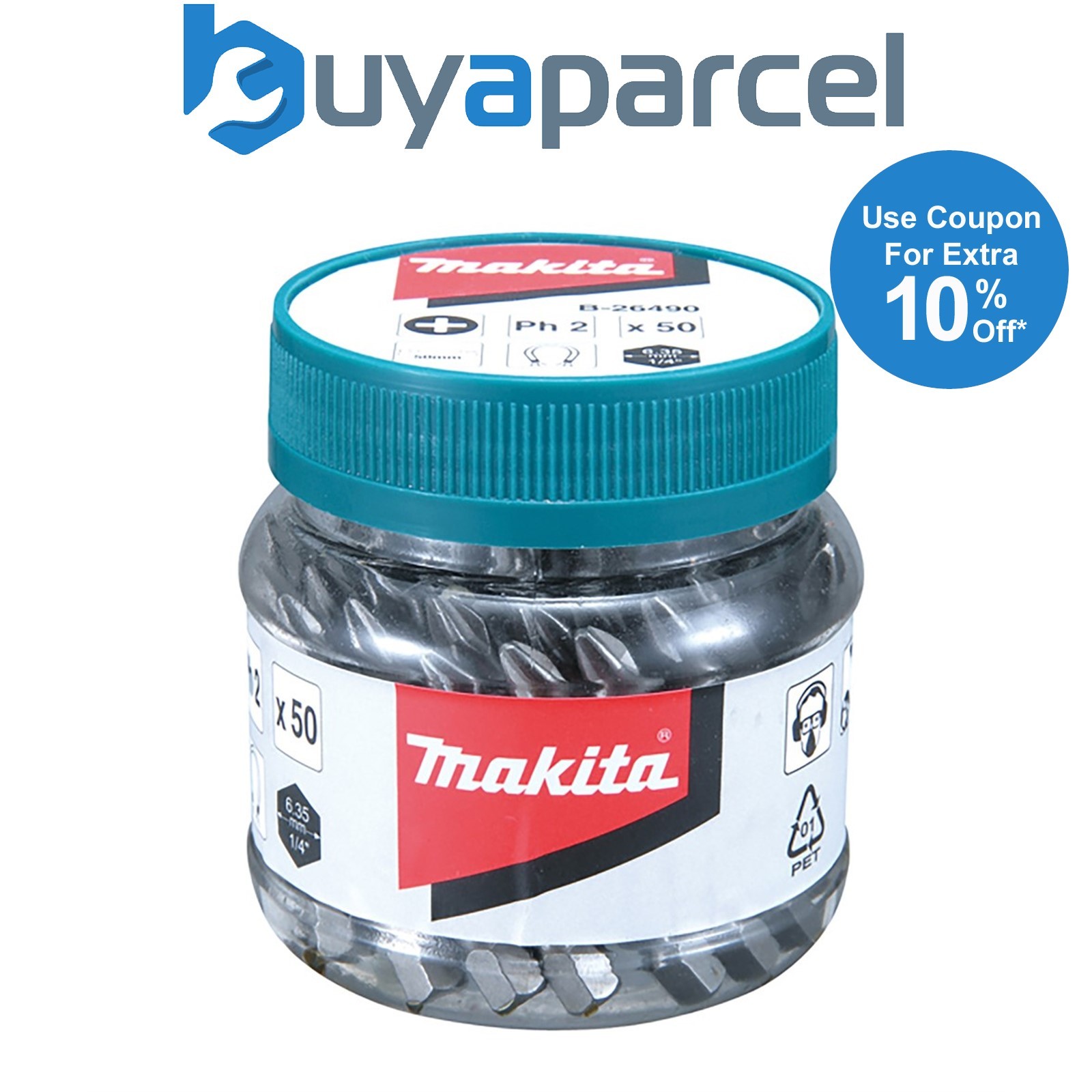 Makita x 50 Philips No 2 25mm Hex Insert Bits In Candy Tub PH2 B-26490 50 Pieces