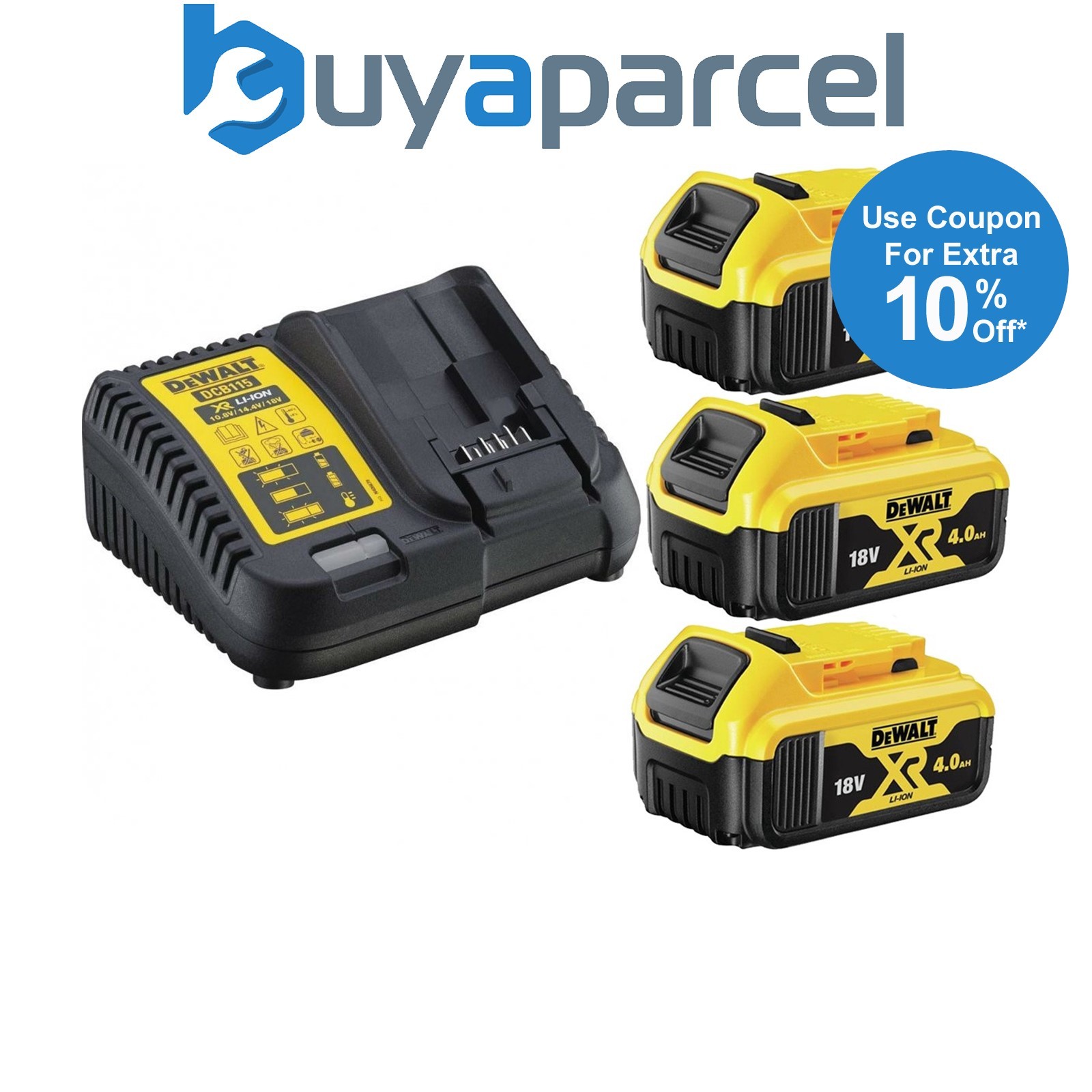 3 x Dewalt DCB182 4.0ah 18v XR Lithium Ion Battery + DCB115 Charger Power Pack
