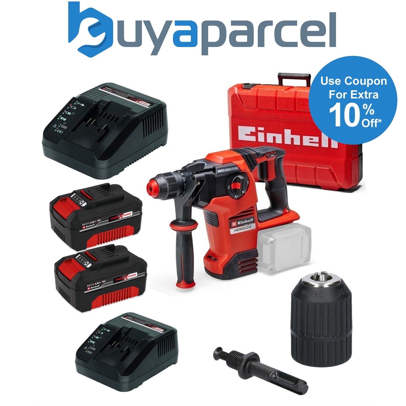 Einhell 18v 36V X-Change Cordless SDS Hammer Drill Kit + Keyless Chuck + Adapter