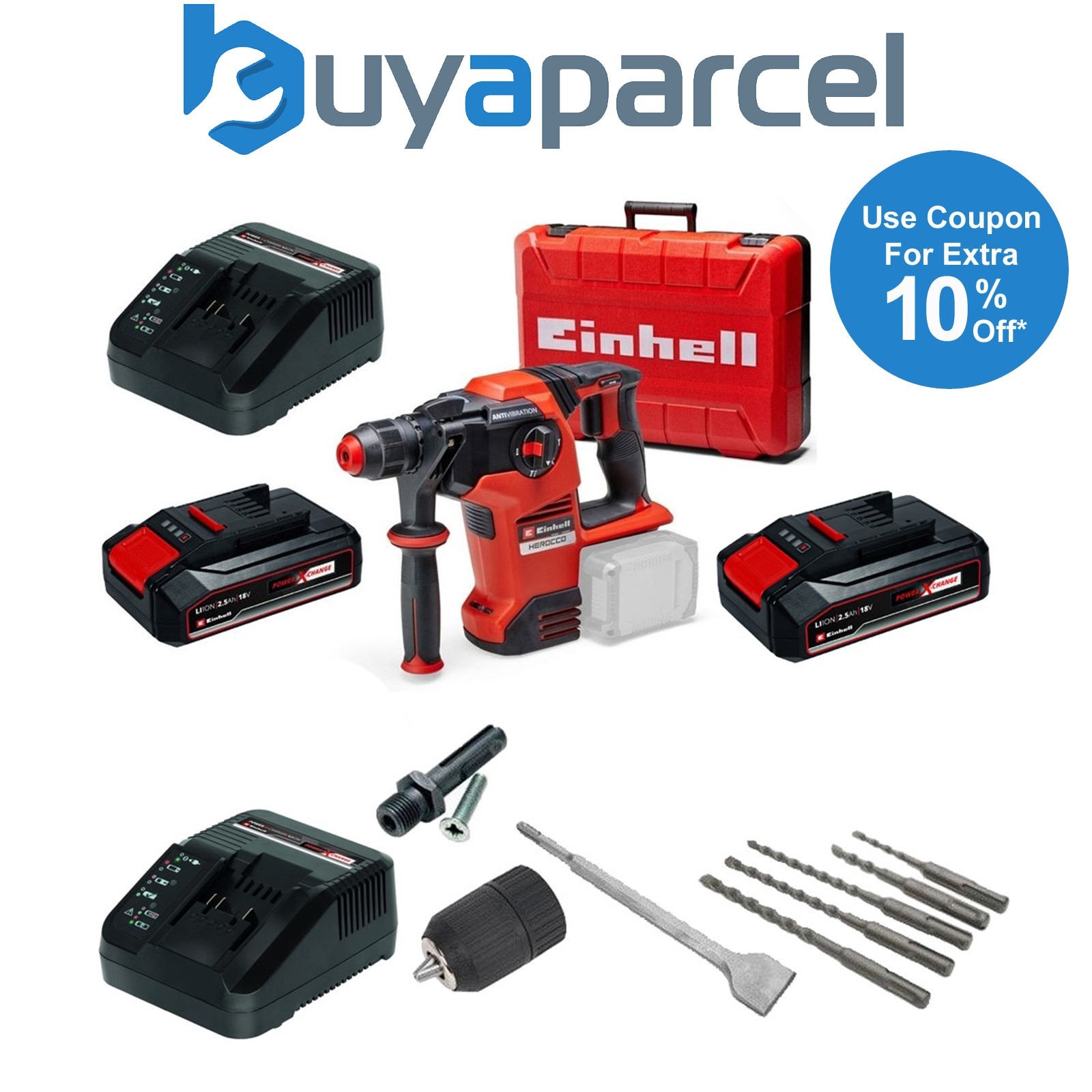 Einhell 18v 36V X-Change Cordless SDS Hammer Drill Kit +SDS Bits Chisel + Chuck