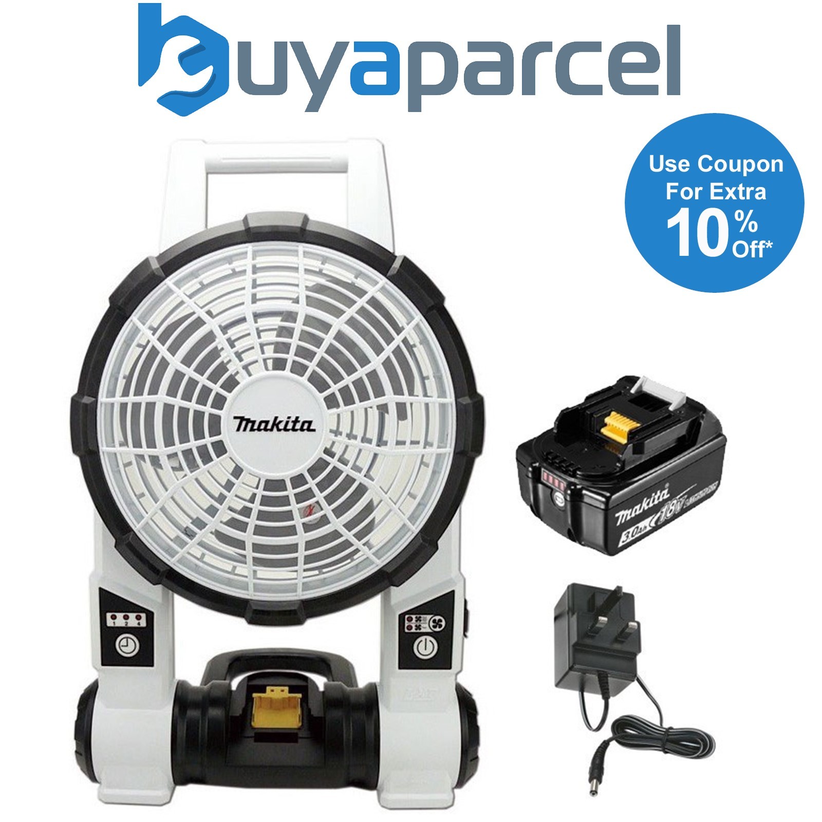 Makita DCF201ZW 18v 240v LXT Cordless Portable 2 Speed Fan White + 3AH Battery