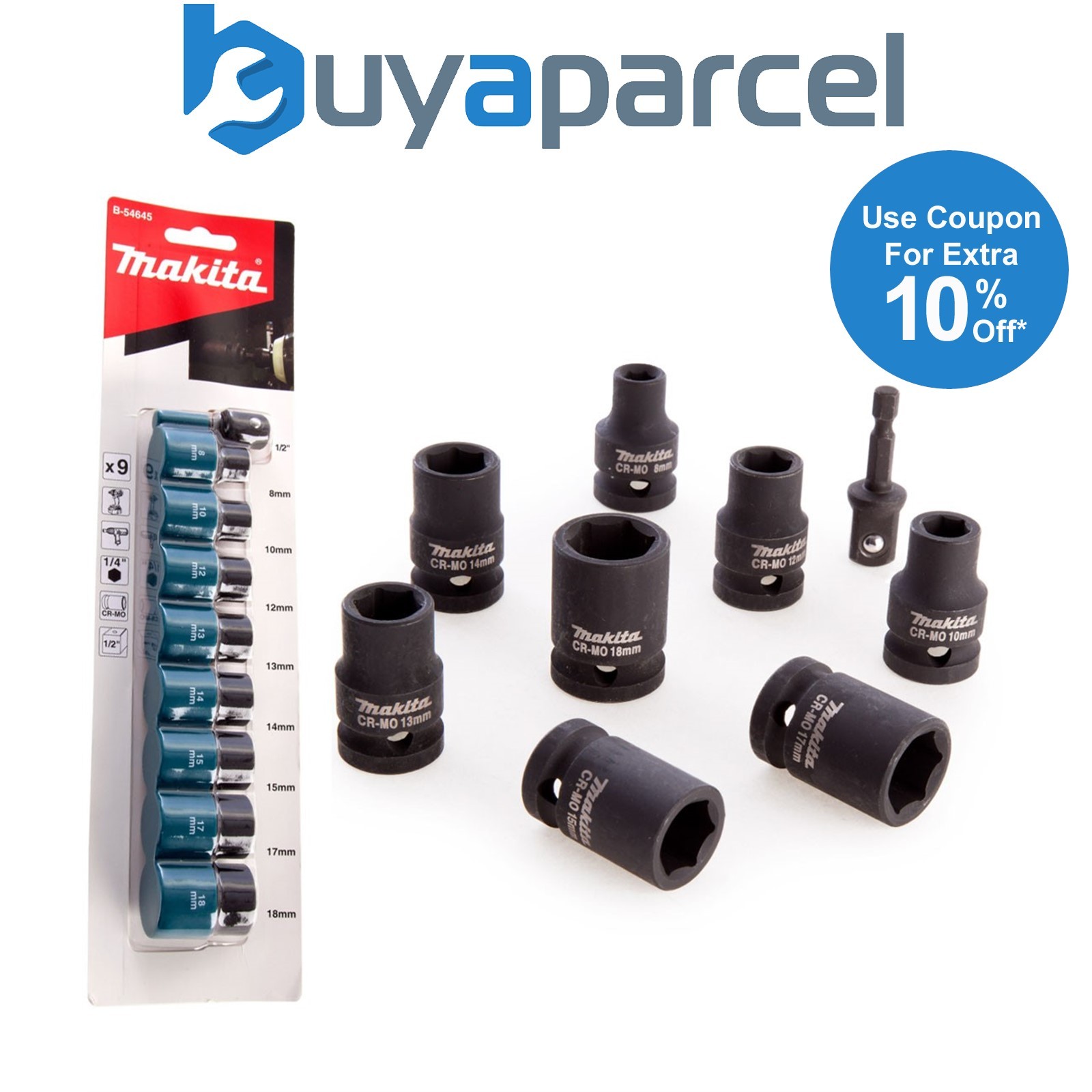 Makita 9 Piece Impact Driver Socket Set 1/2" Square Drive + 1/4" Hex Bit 8-18mm