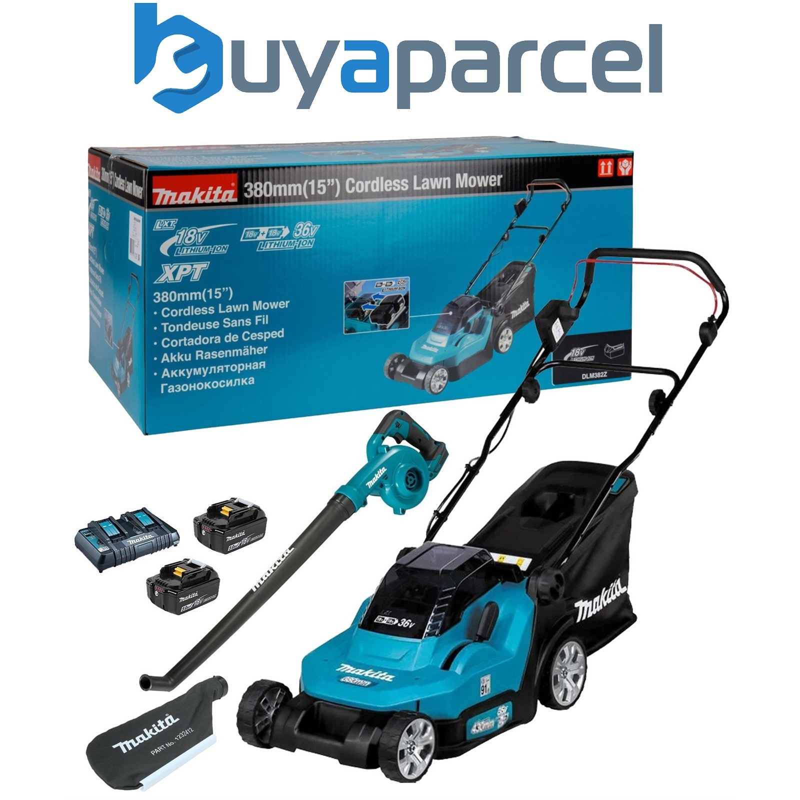 Makita DLM382PT2 18v / 36v LXT Cordless Battery Lawn Mower + Blower Vacuum 5ah