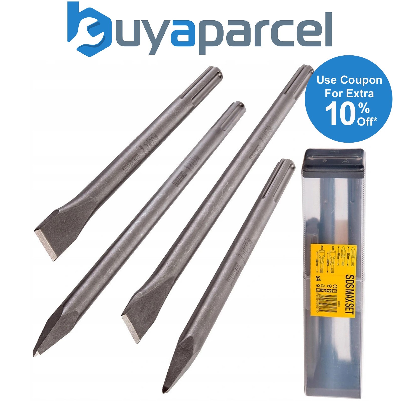 Dewalt SDSMAXSET 4 Piece SDS Max Flat Chisel & Point Set 300 400mm SDSMAXSET-QZ