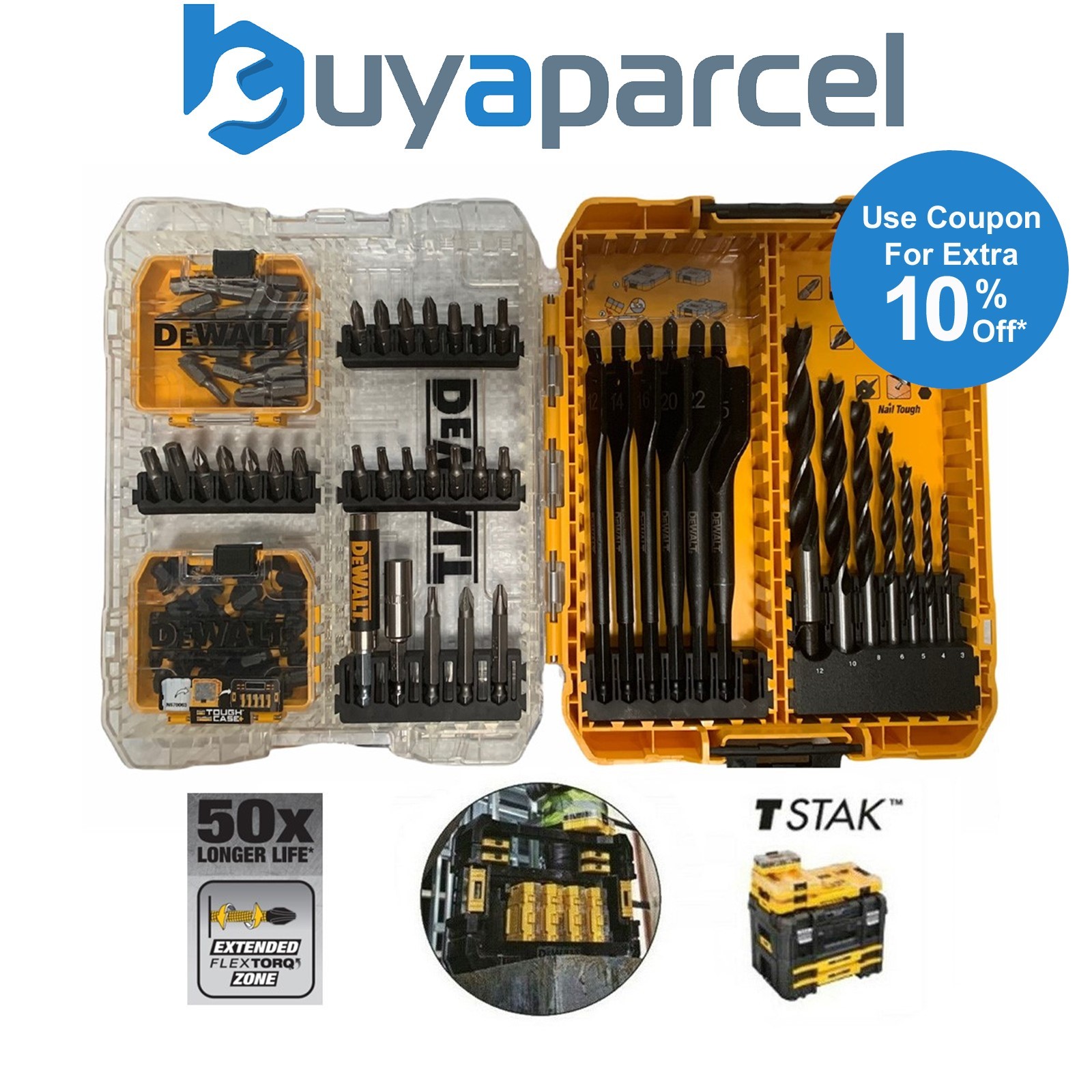 Dewalt Toughcase Extreme Torsion 82 Pc Screwdriver Flat Spade Brad Point Bit Set