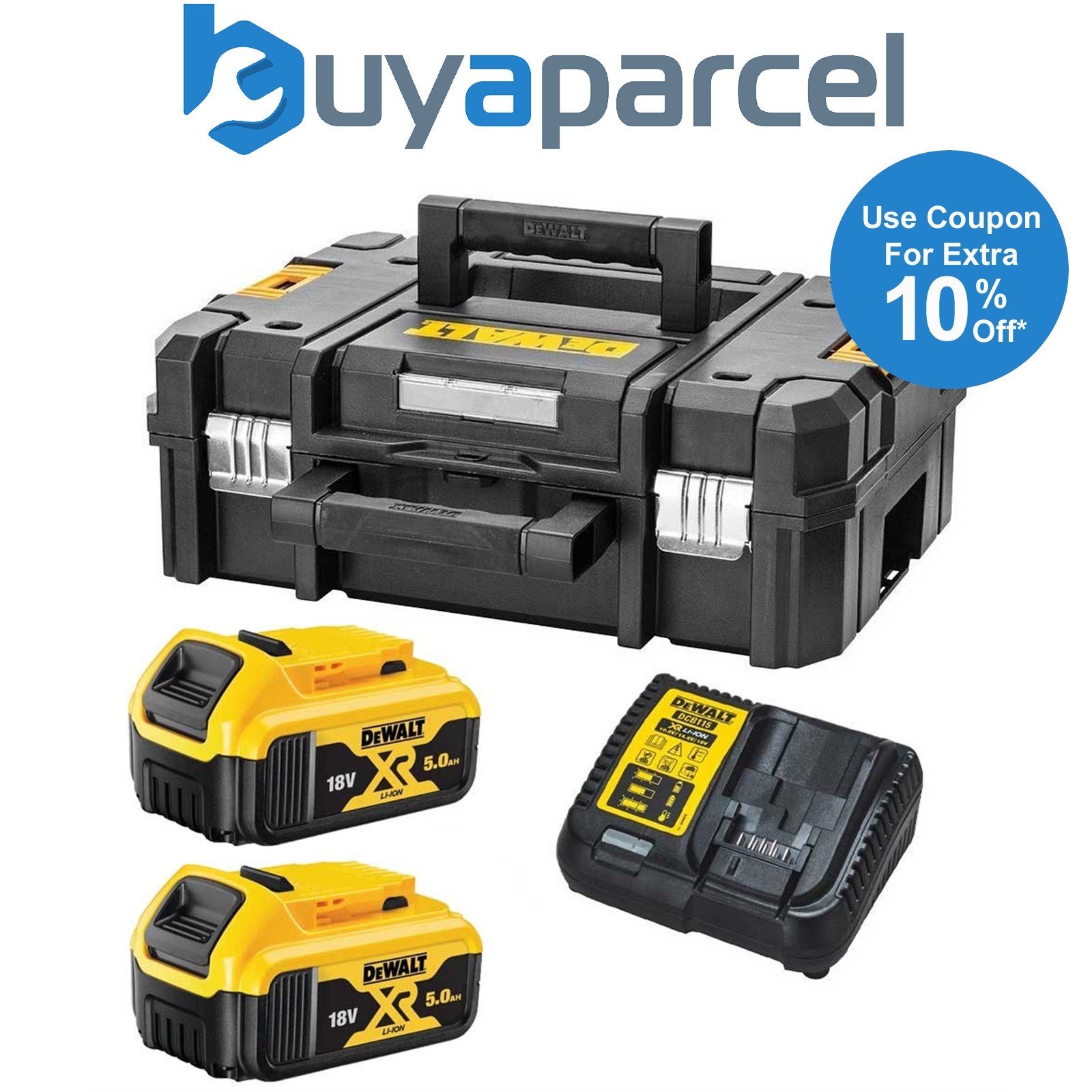 Dewalt DCB184 5.0ah 18v XR Lithium Battery Twin Pack + DCB115 Charger Tstak Case