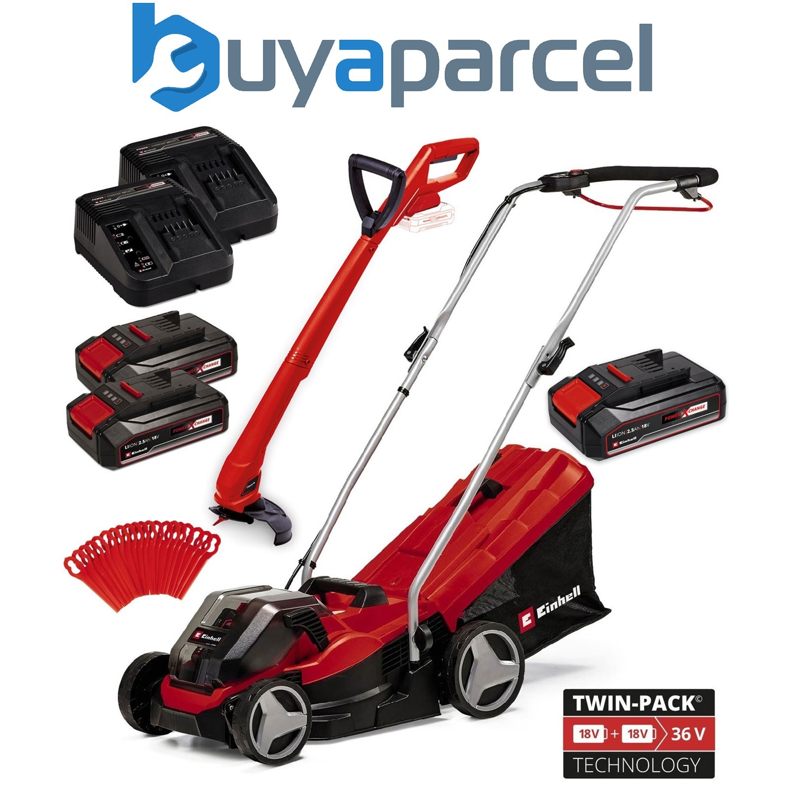 Einhell Cordless 36v Lawnmower 33cm Cut Brushless + Grass Trimmer 3x Batteries
