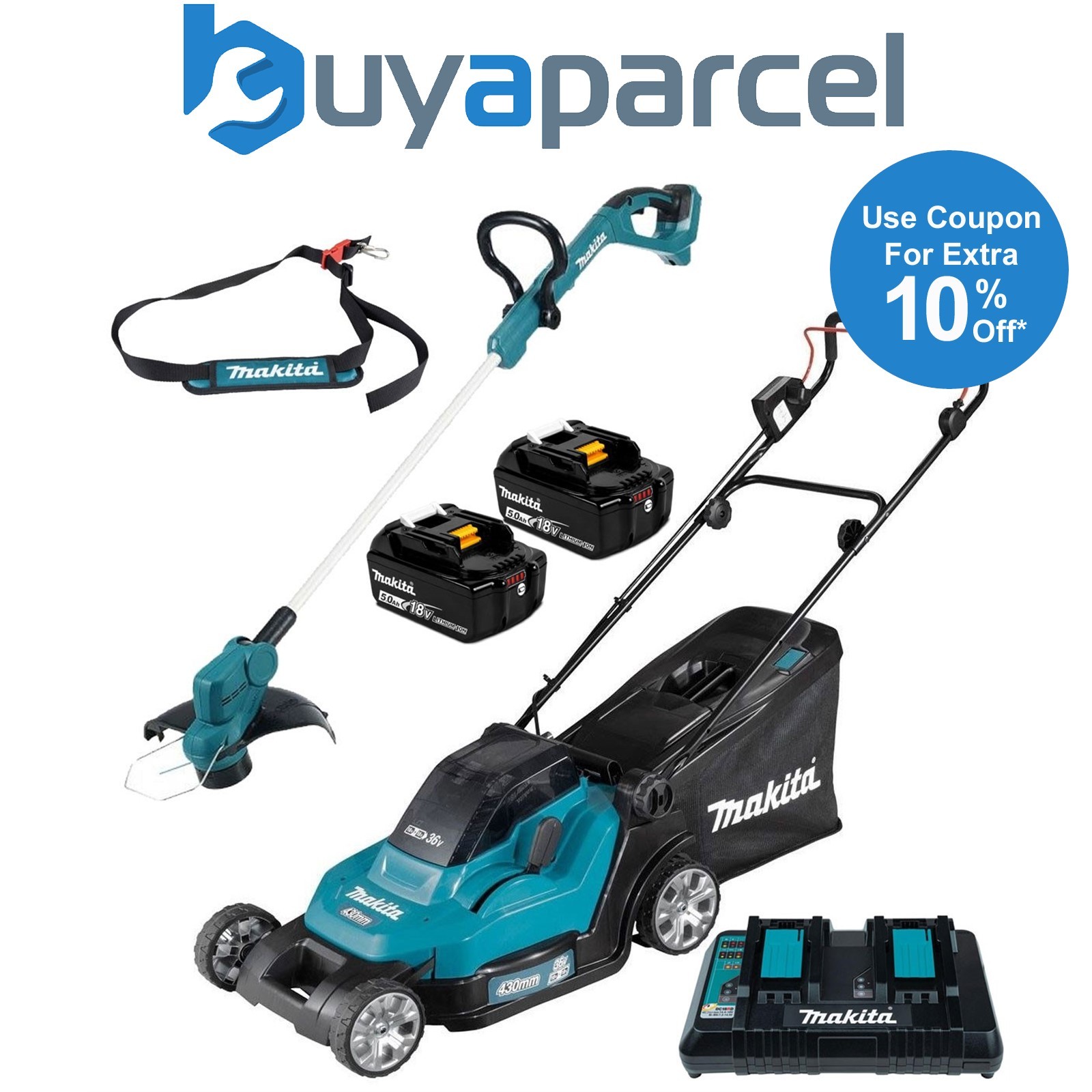 Makita DLM432PT2 Twin 18v 36v LXT Cordless 43cm Lawn Mower 2x5ah+ DUR193 Trimmer