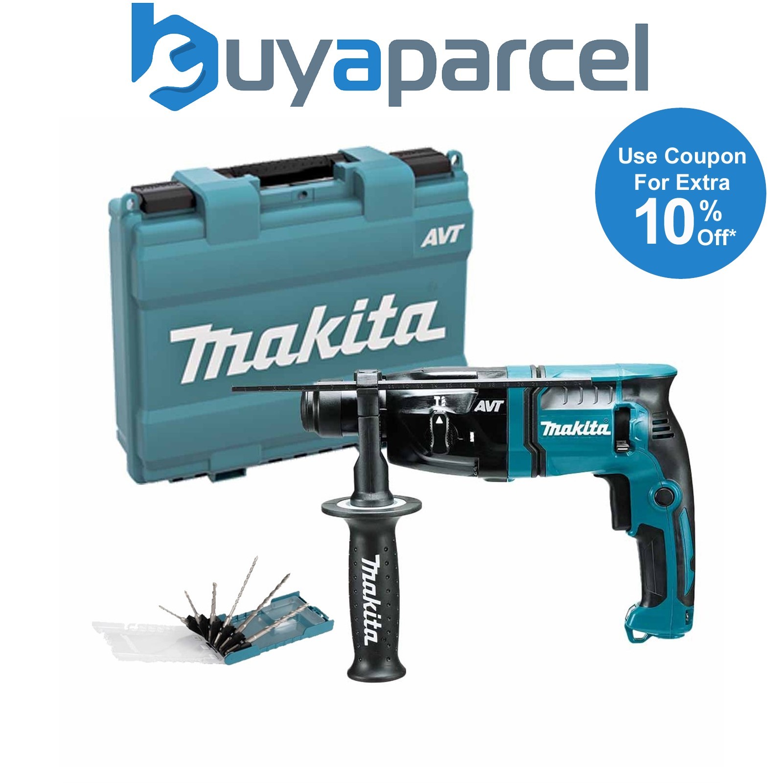 Makita HR1841F 240v SDS Plus AVT 2 Mode Rotary Hammer Drill + X6 SDS Bits + Case