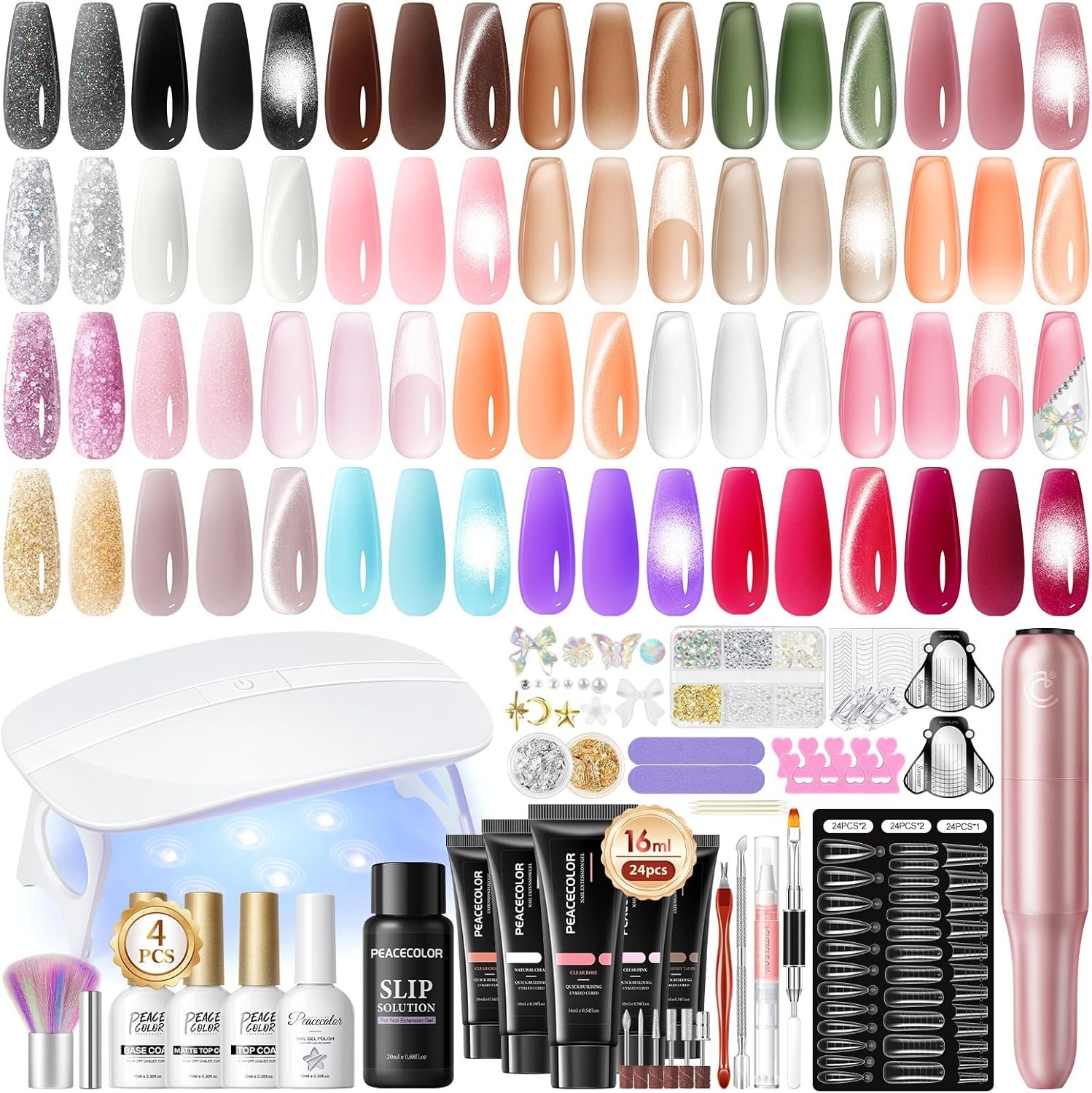 PEACECOLOR 52Pcs Poly Nail Gel Kit with Drill and U V Light 24 Colors Poly Nail