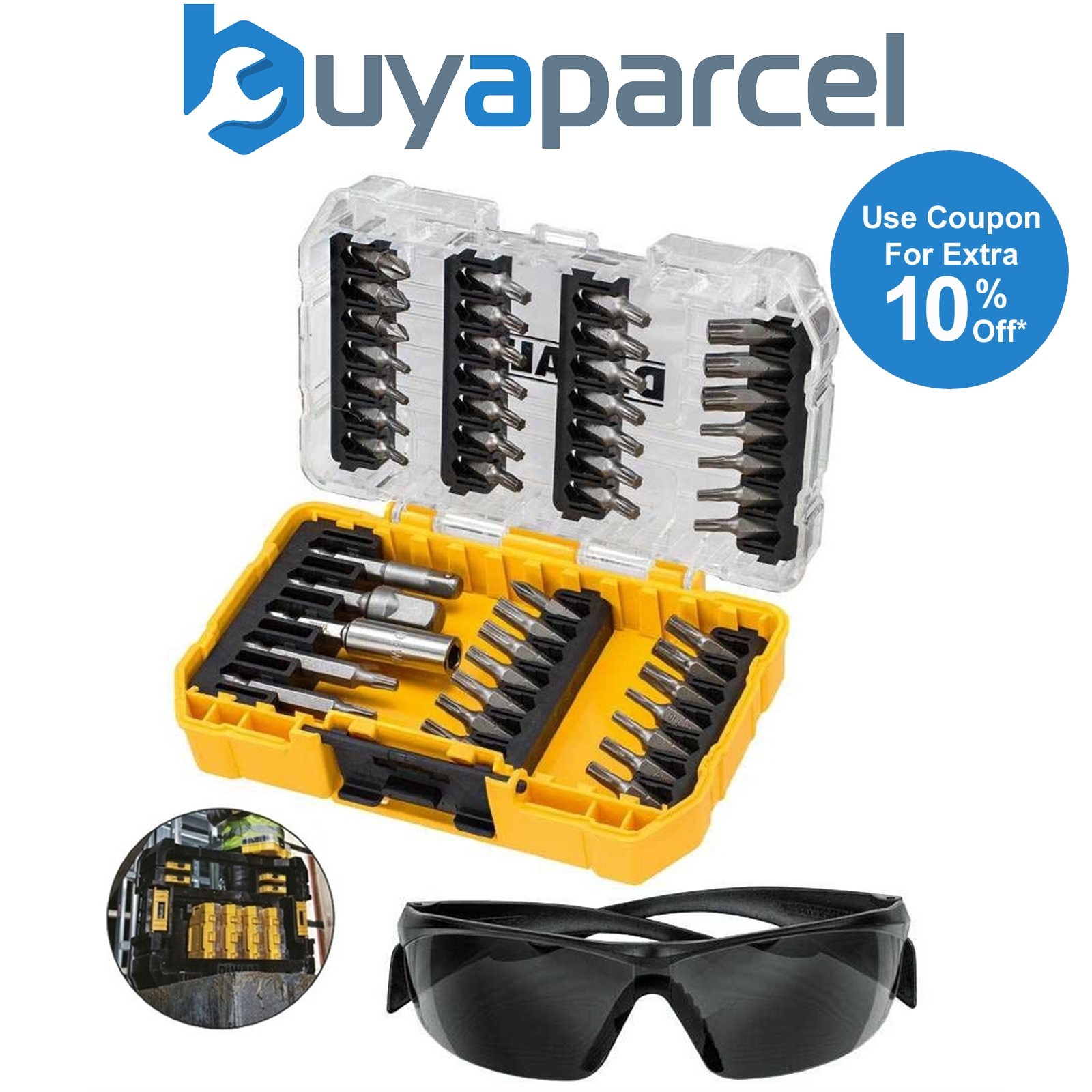 Dewalt 47 Piece Screw Driver Impact Rated Bit Set Hex Shank + Safety Glasses