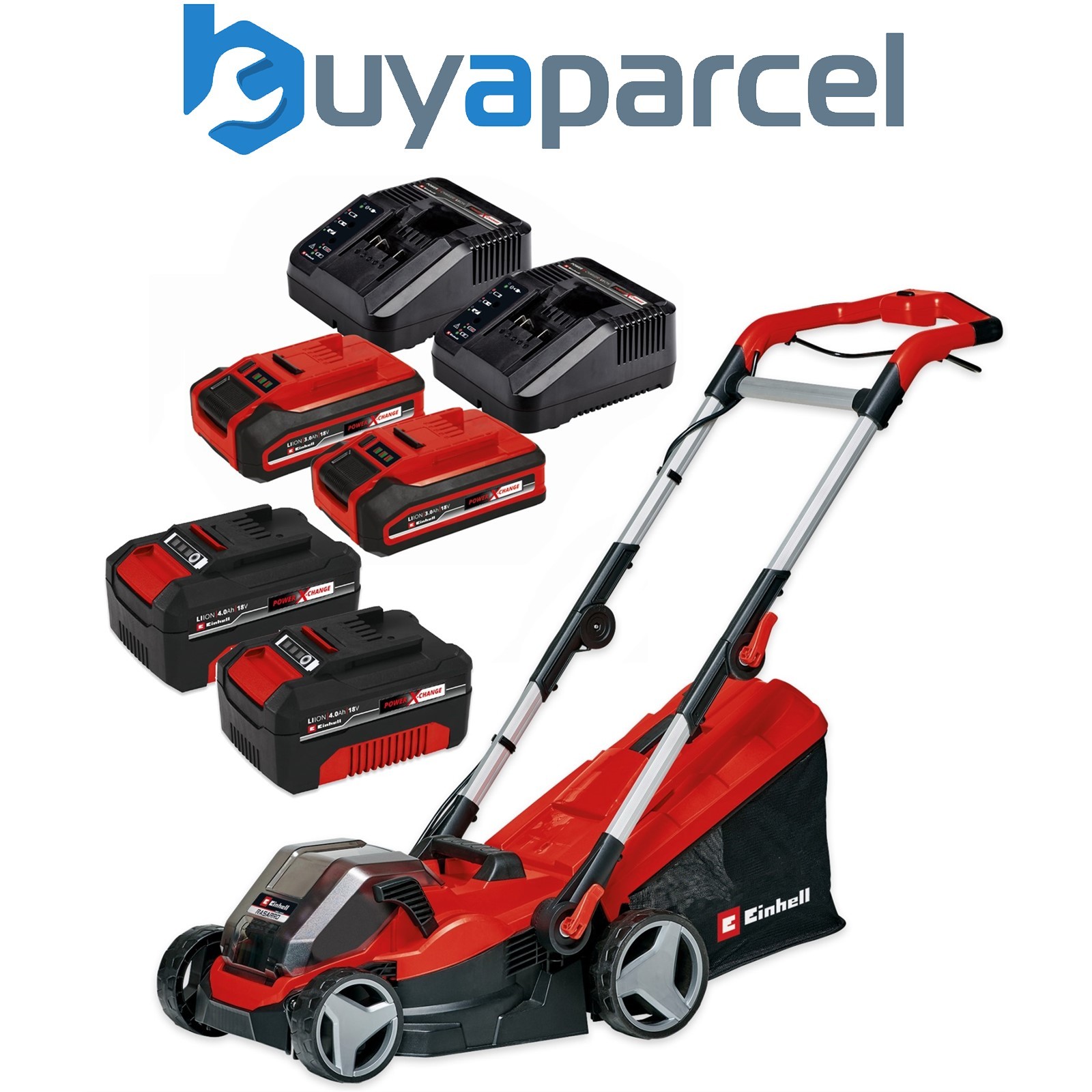 Einhell Twin 18v / 36v Cordless Lawnmower 34cm Cut RASARRO 36/34 PXC 4x Battery