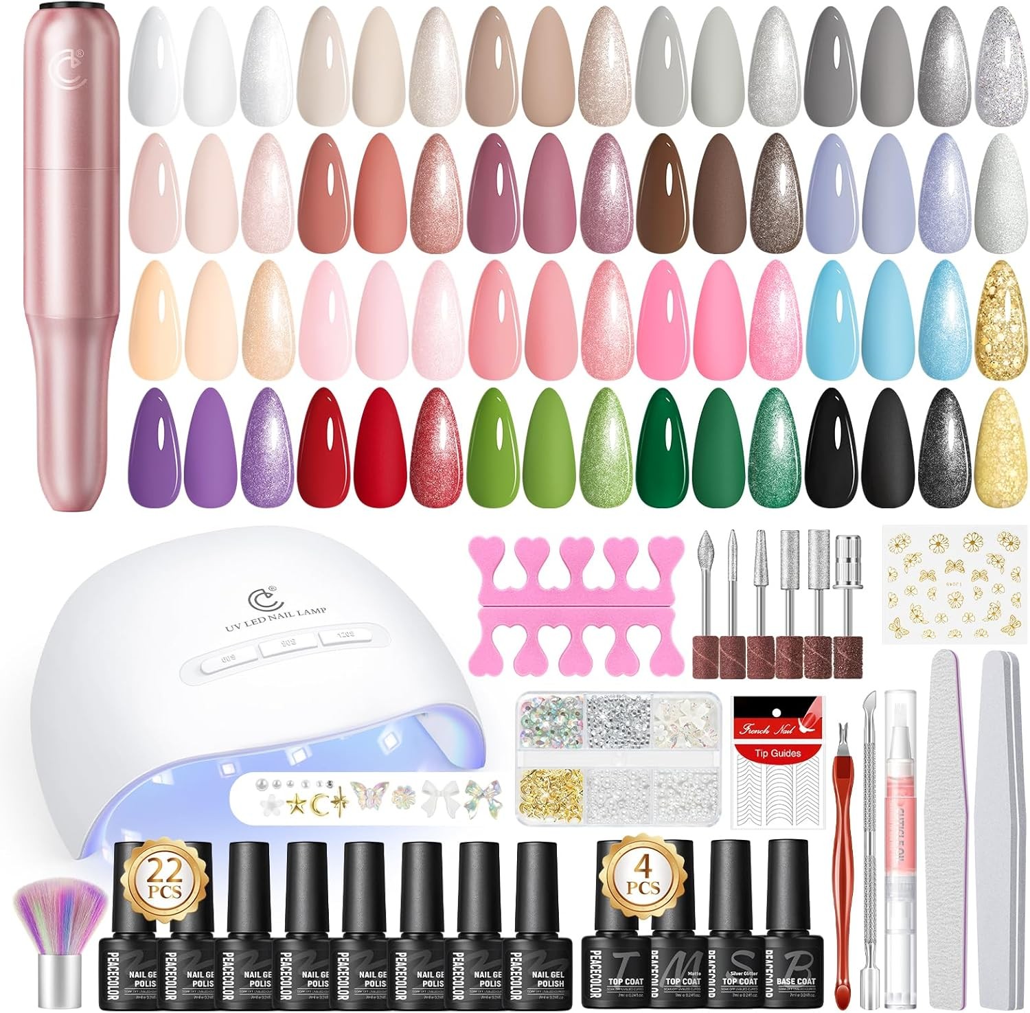 PEACECOLOR 40Pcs Gel Nail Polish Kit with U V Lamp & Drill, 22 Classic Colours