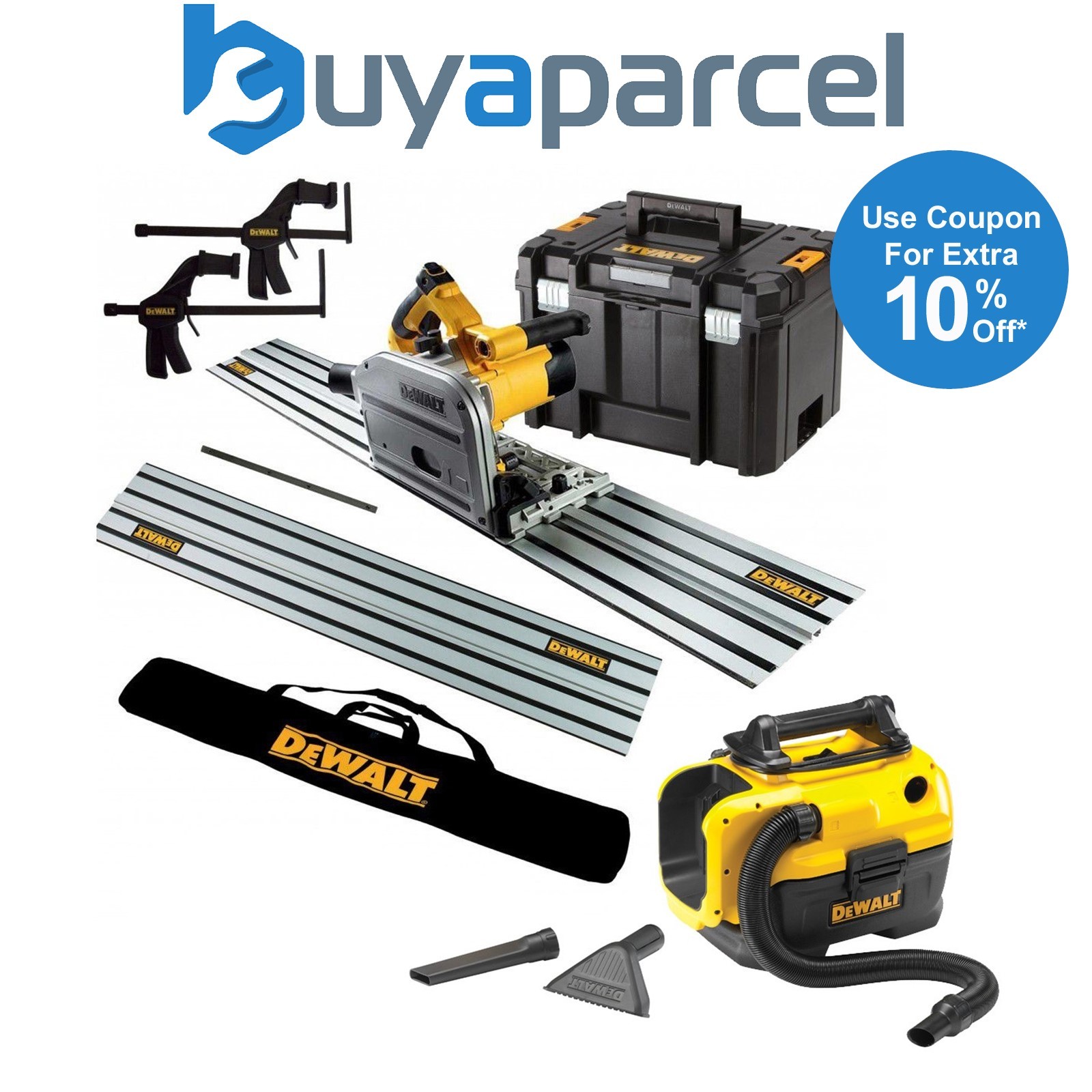 Dewalt DWS520KR 240v Plunge Saw Kit 2x 1.5m Guide Rails + Bag + Clamps + Vacuum