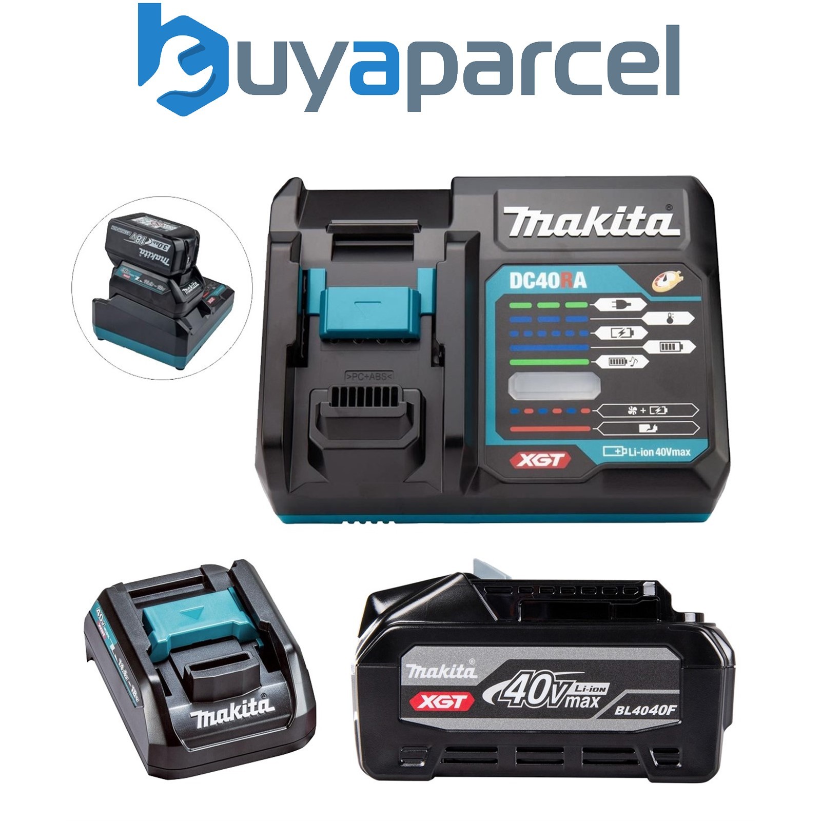 Makita BL4040F 40V Max 4Ah XGT Battery + DC40RA Fast Charger + 18v LXT Adaptor