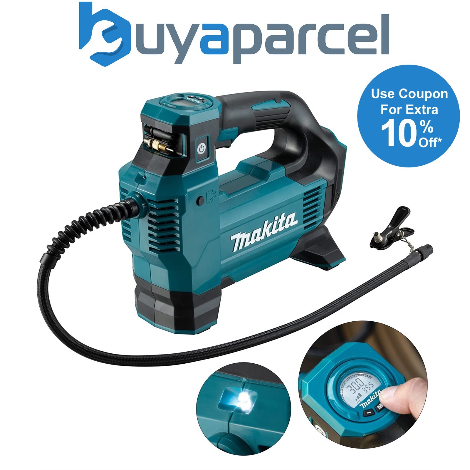 Makita DMP181Z 18V LXT Cordless 3 Mode Digital Inflator Bare + Light + Adapters