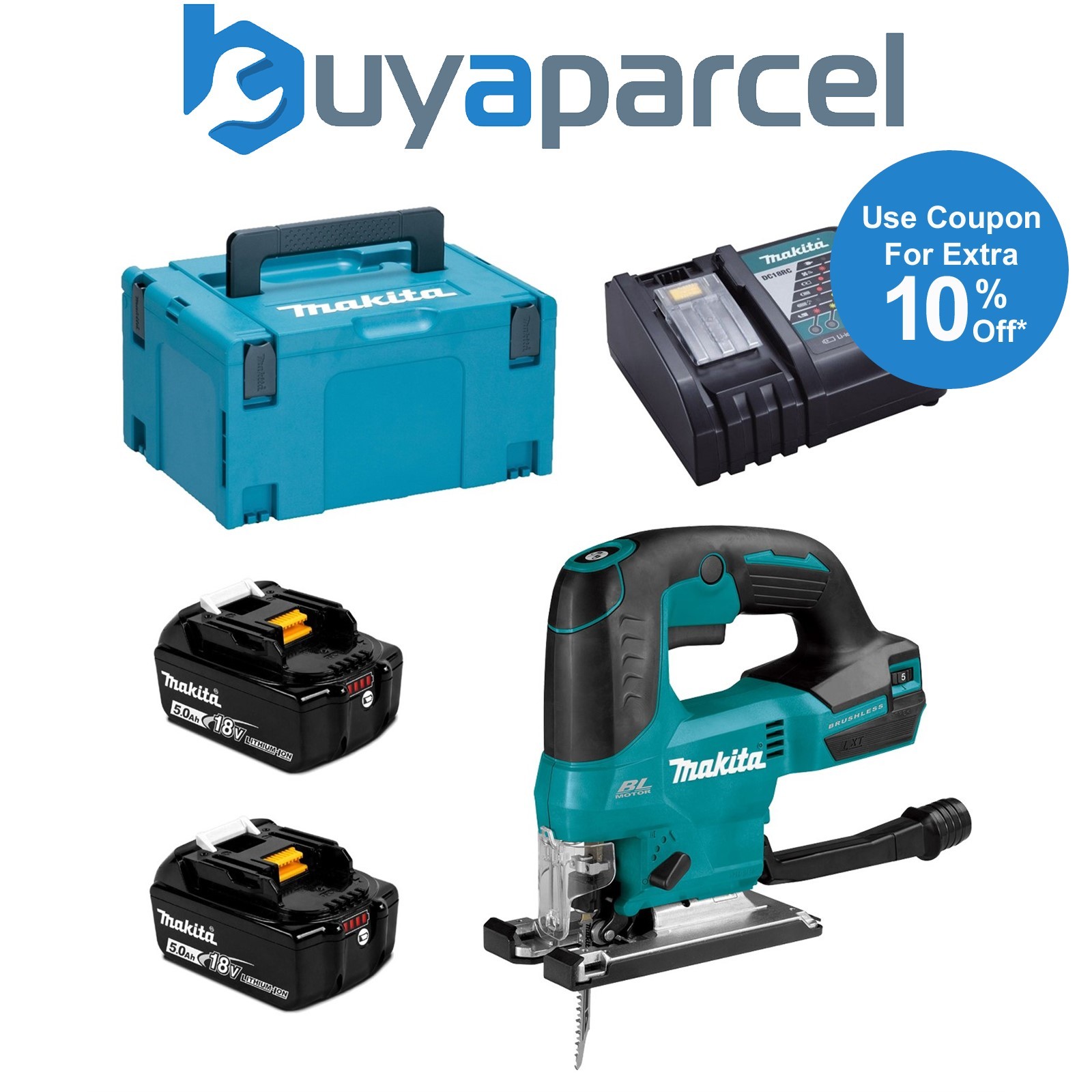 Makita DJV184RTJ 18v LXT Brushless Top Handle Jigsaw - 2x 5.0Ah Batteries Makpac