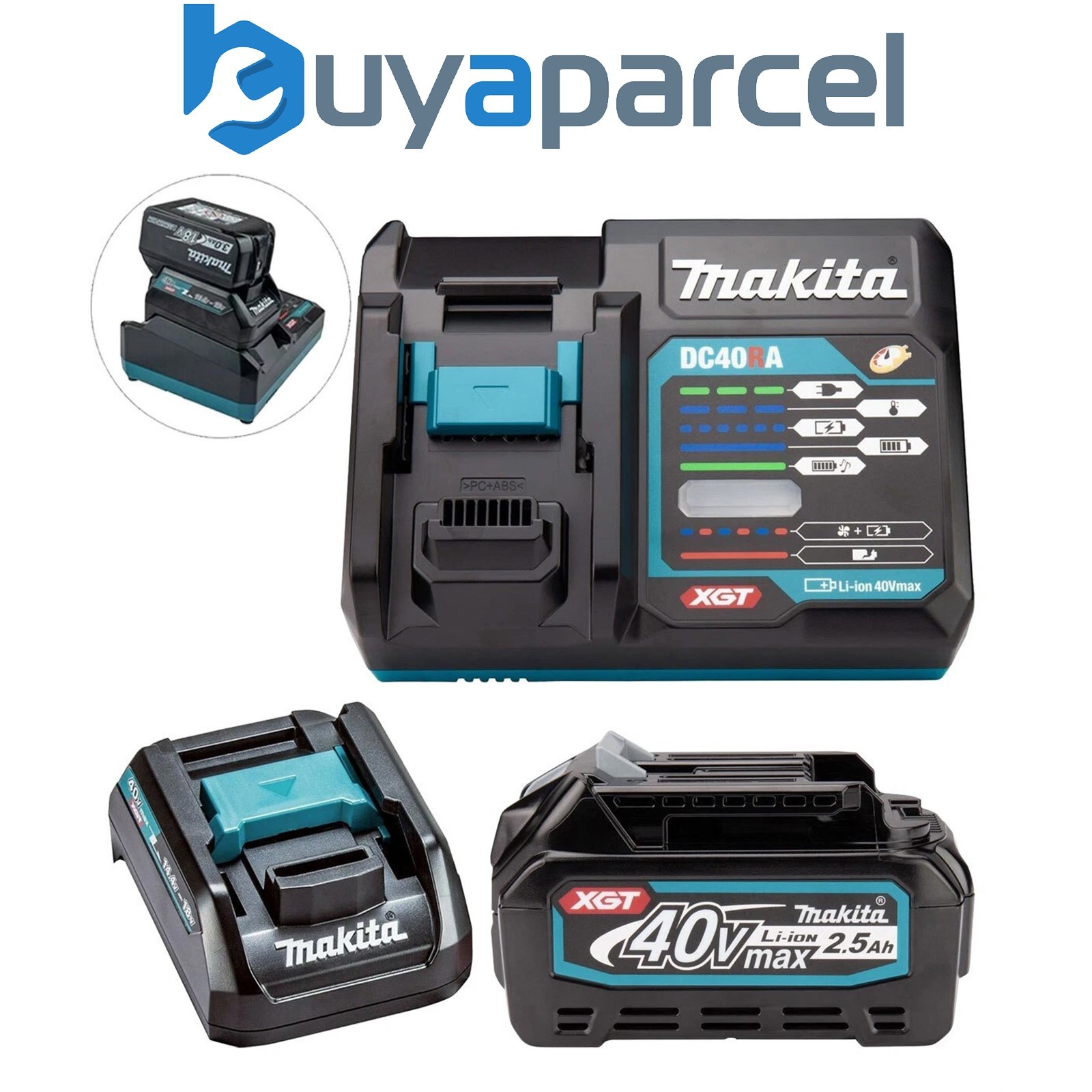 Makita BL4025 40V Max XGT 2.5AH Battery + DC40RA Fast Charger + 18v LXT Adaptor