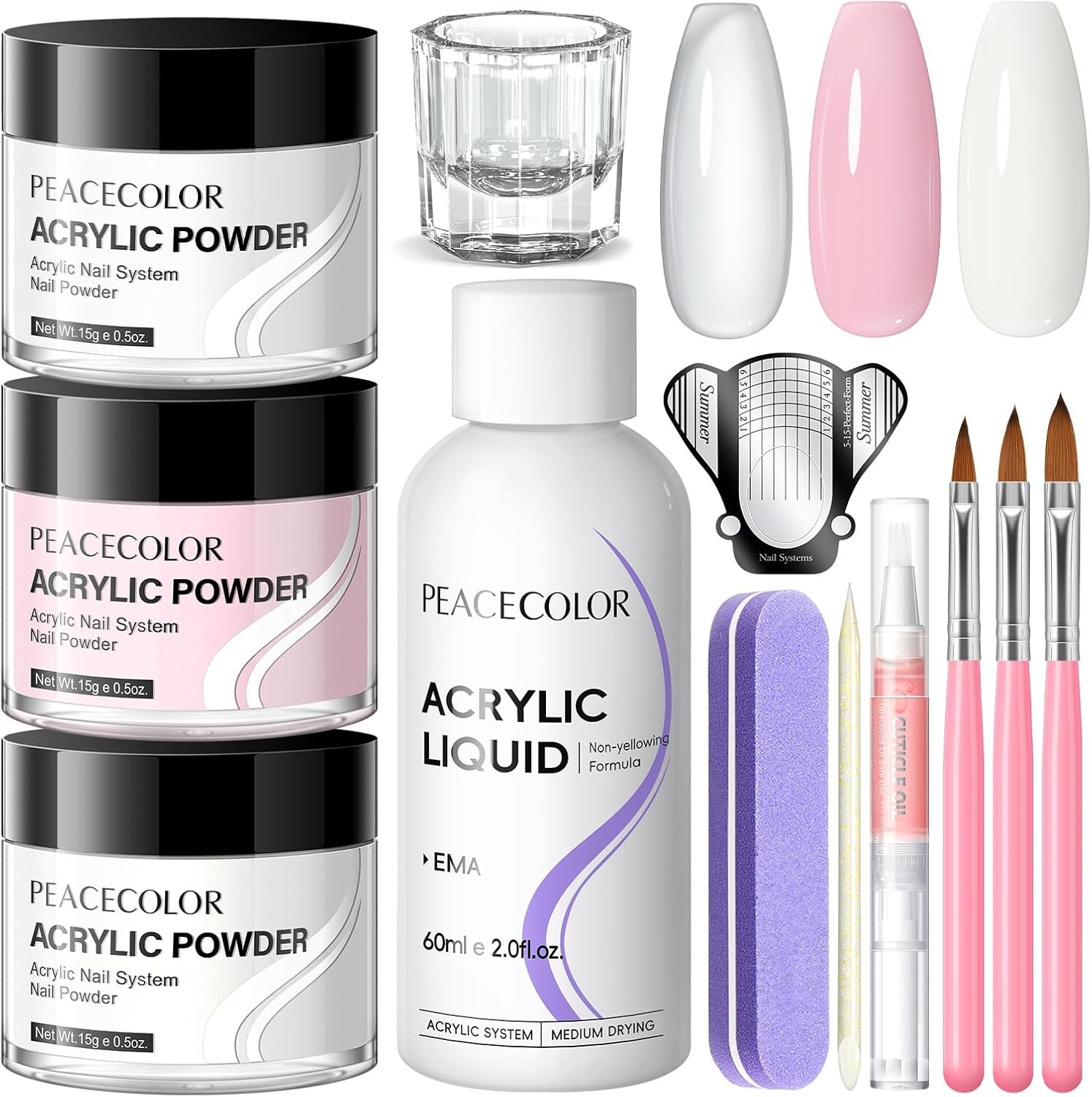 PEACECOLOR Acrylic Nail Kit: 15g×3 Colors Clear Pink White Acrylic Powder and