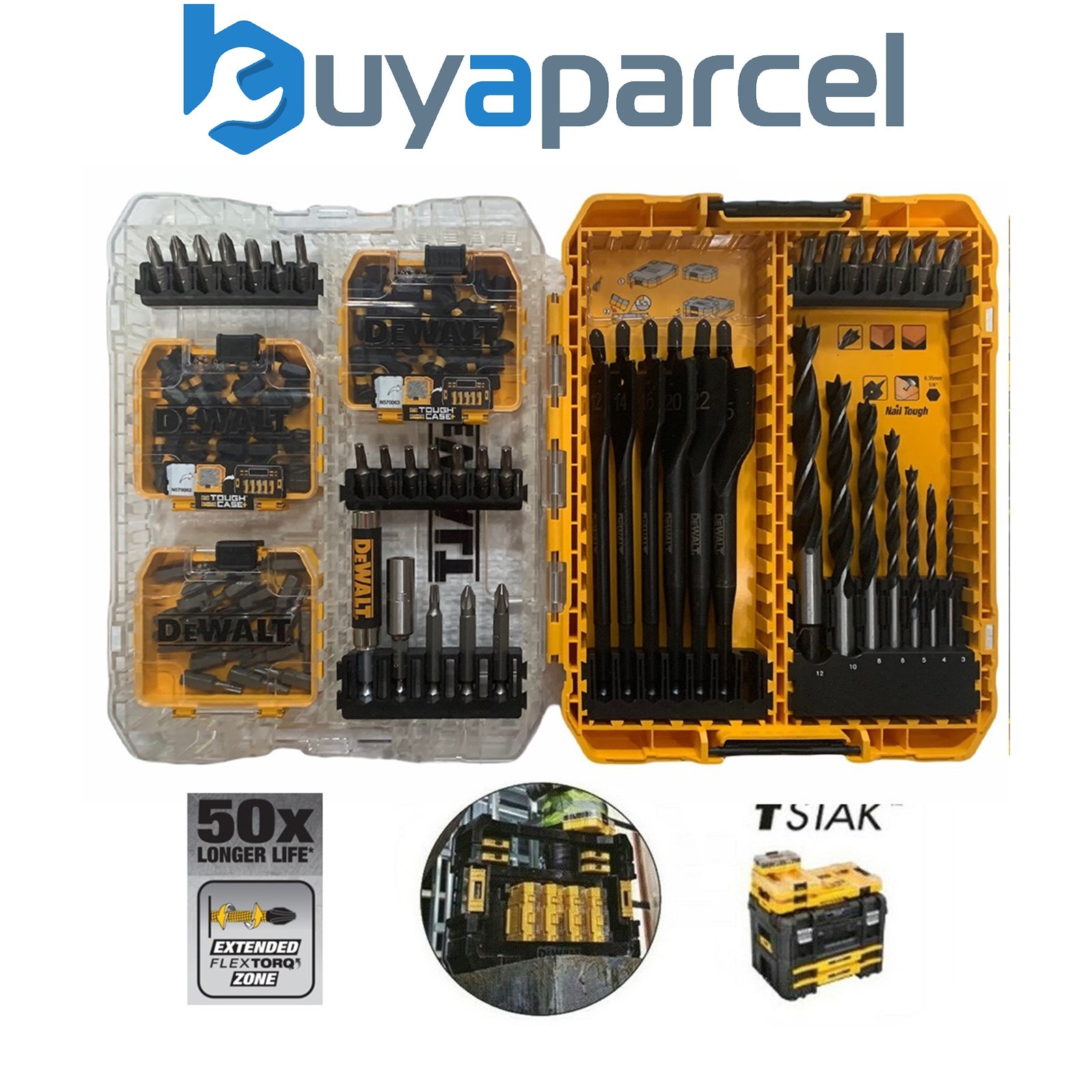 Dewalt Toughcase Extreme Torsion 107 Screwdriver Flat Spade Brad Point Bit Set