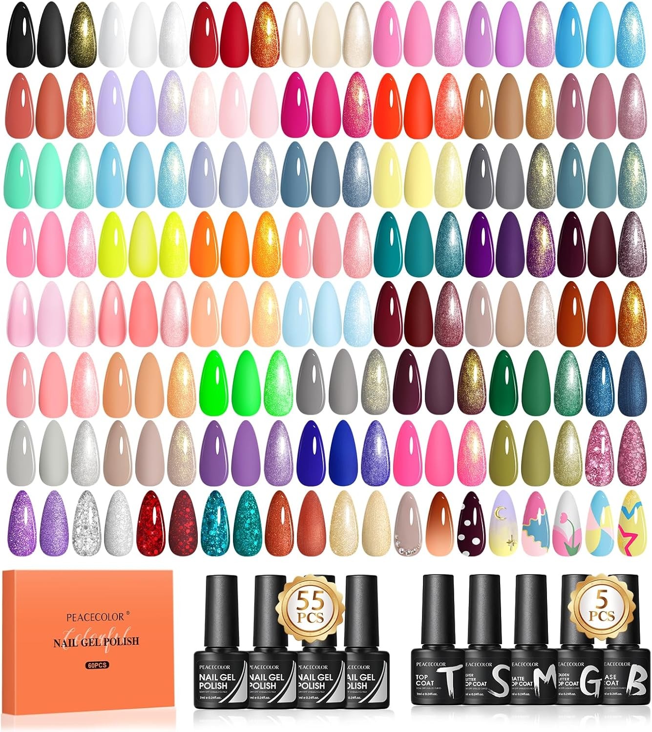 Peacecolor 60PCs Gel Nail Polish Set 55 Colors Gel Polish Kit with Glossy/Matte