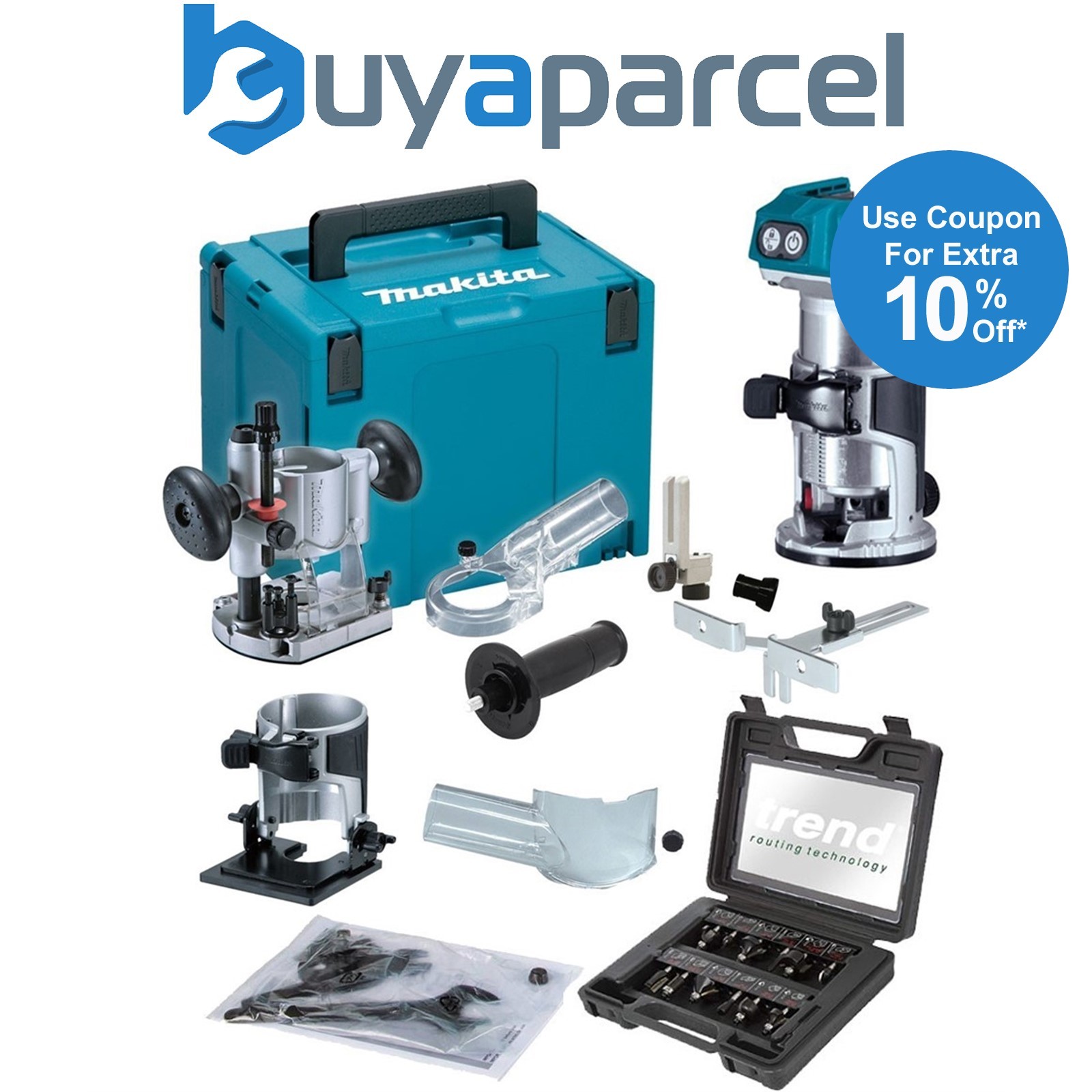 Makita DRT50ZJX2 18v Cordless Brushless Router Trimmer + Plunge Base + Trend Set