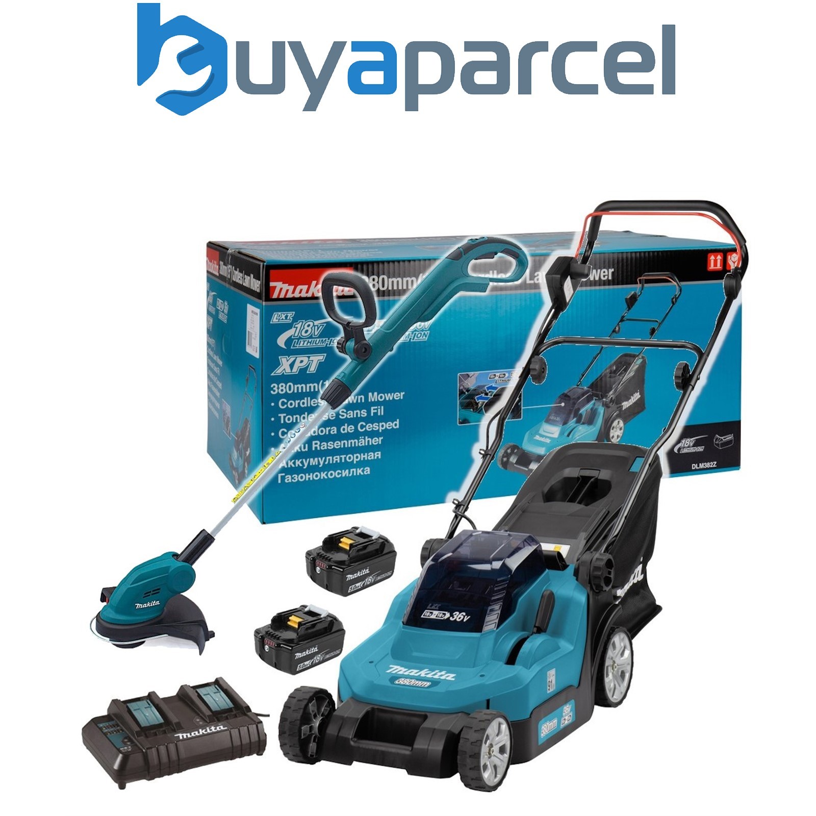 Makita DLM382Z 18v / 36v LXT Cordless Battery Lawn Mower Grass Strimmer 2X 5.0ah