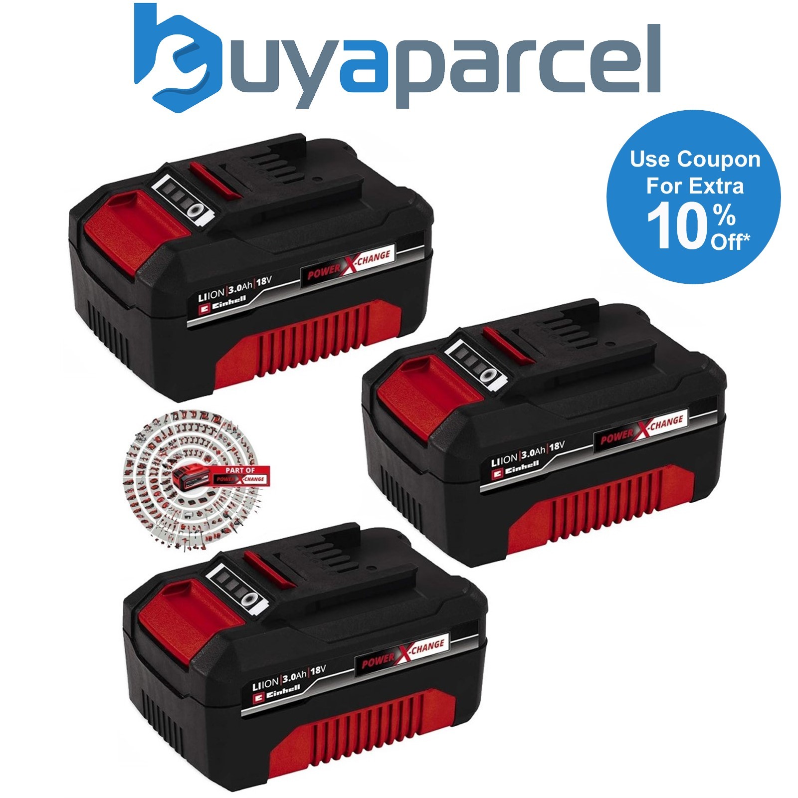 Einhell 3 X 3.0Ah 18V Battery Power X-Change PXC Rechargeable Dust Resistant LED