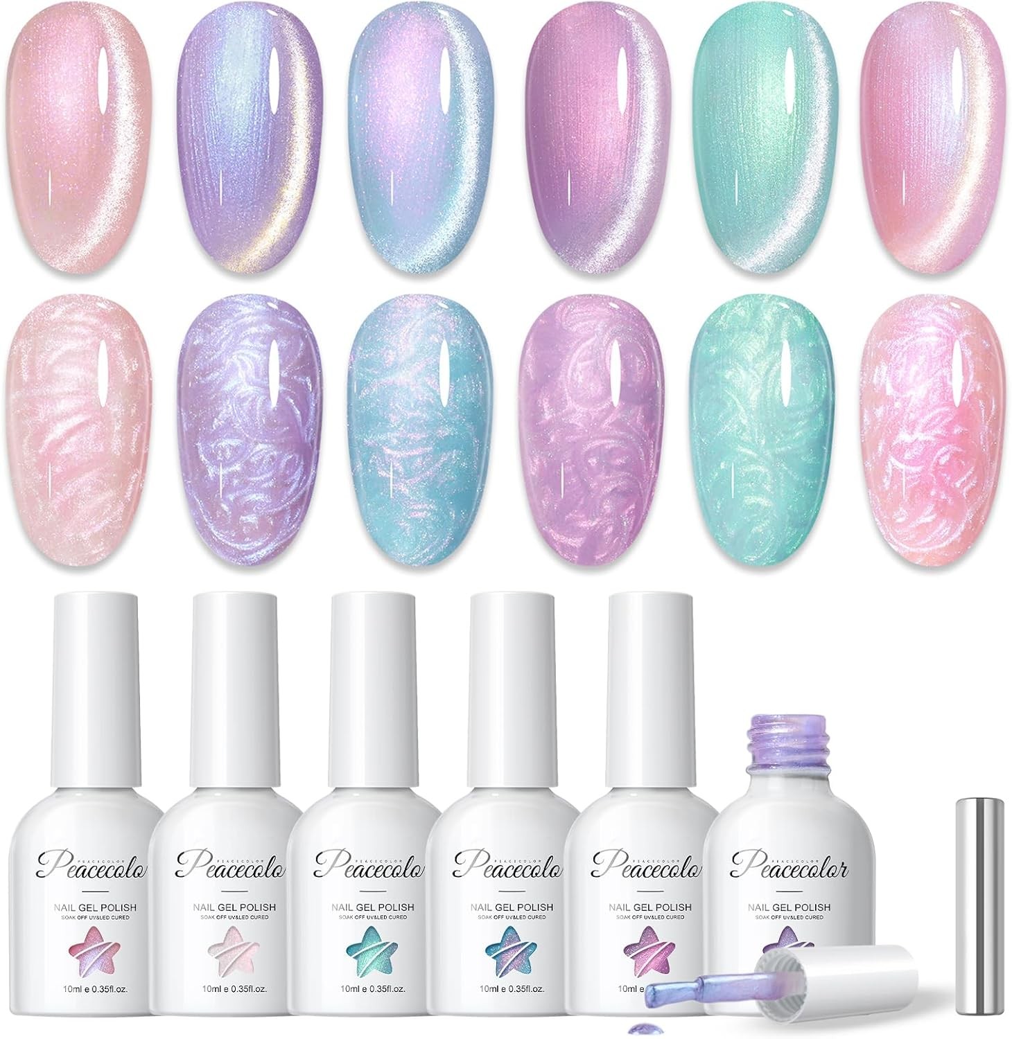 PEACECOLOR Pearl Gel Nail Polish, 6 Colours Cat Eye Soak-Off UV/LED Polish Purp